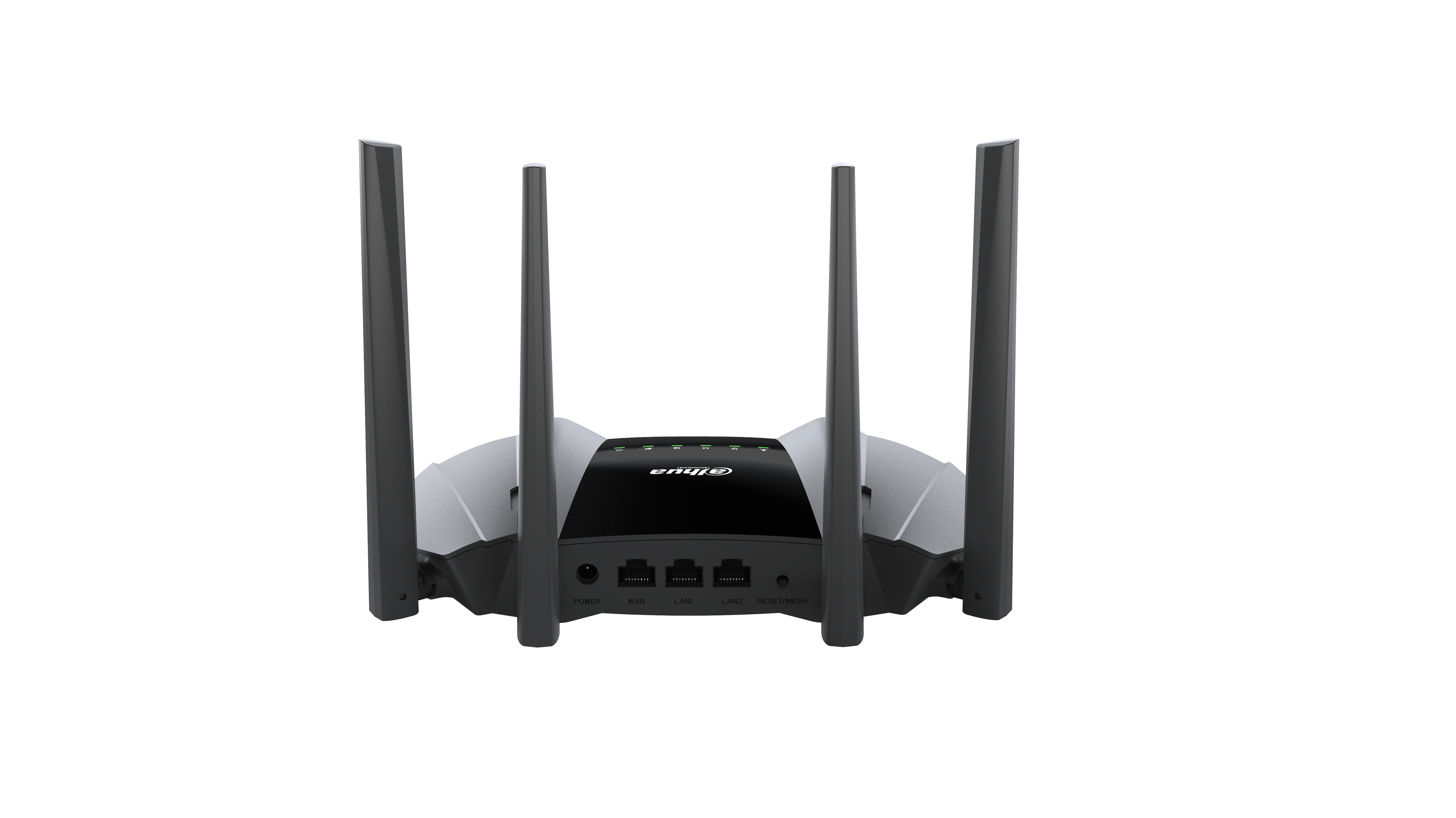 Schwarzer und grauer Router mit vier Antennen auf weißem Hintergrund, Rückansicht.