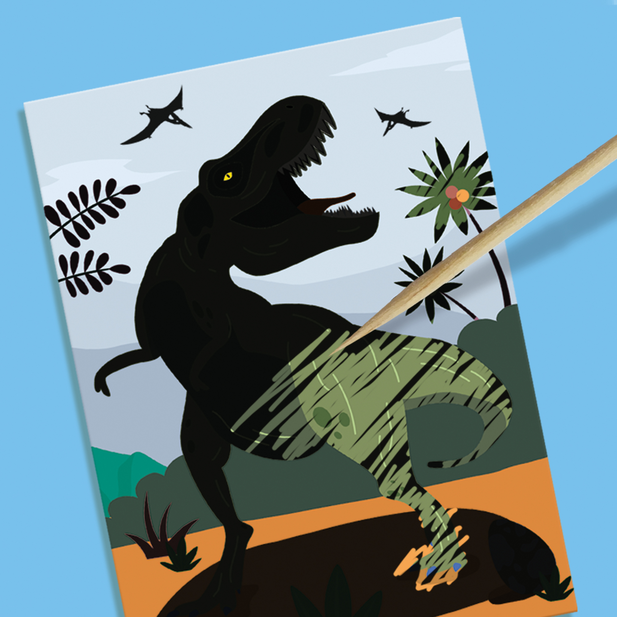 Ilustracja czarnego T-Rexa z zielonym szkieletem malowanym na niebieskim tle drewnianym patykiem.