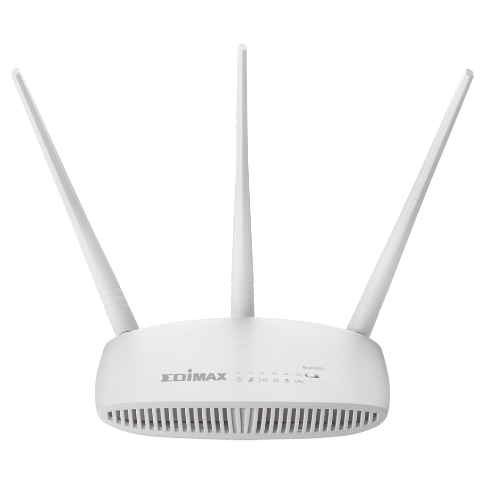 Biały router Edimax z trzema antenami na białym tle. Widoczne wskaźniki.