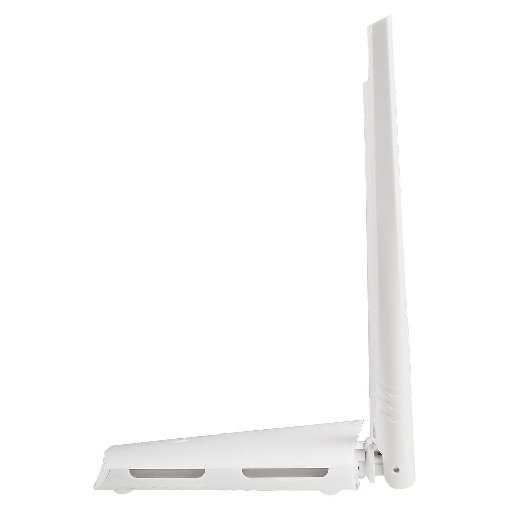 Biały router z dwiema antenami skierowanymi w górę.