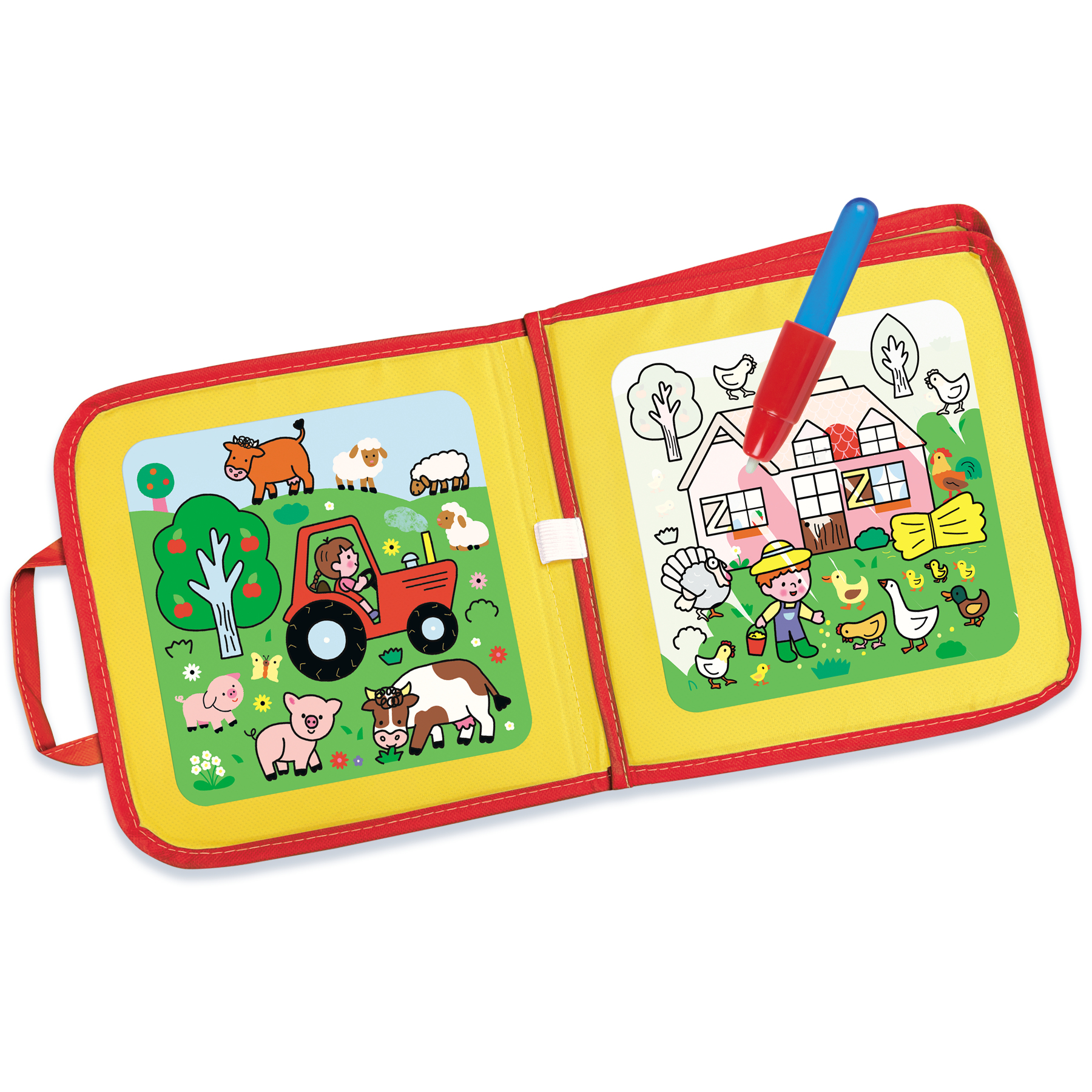 Książka z rysunkami w środku, otwarta na scenę z farmą i traktorem.