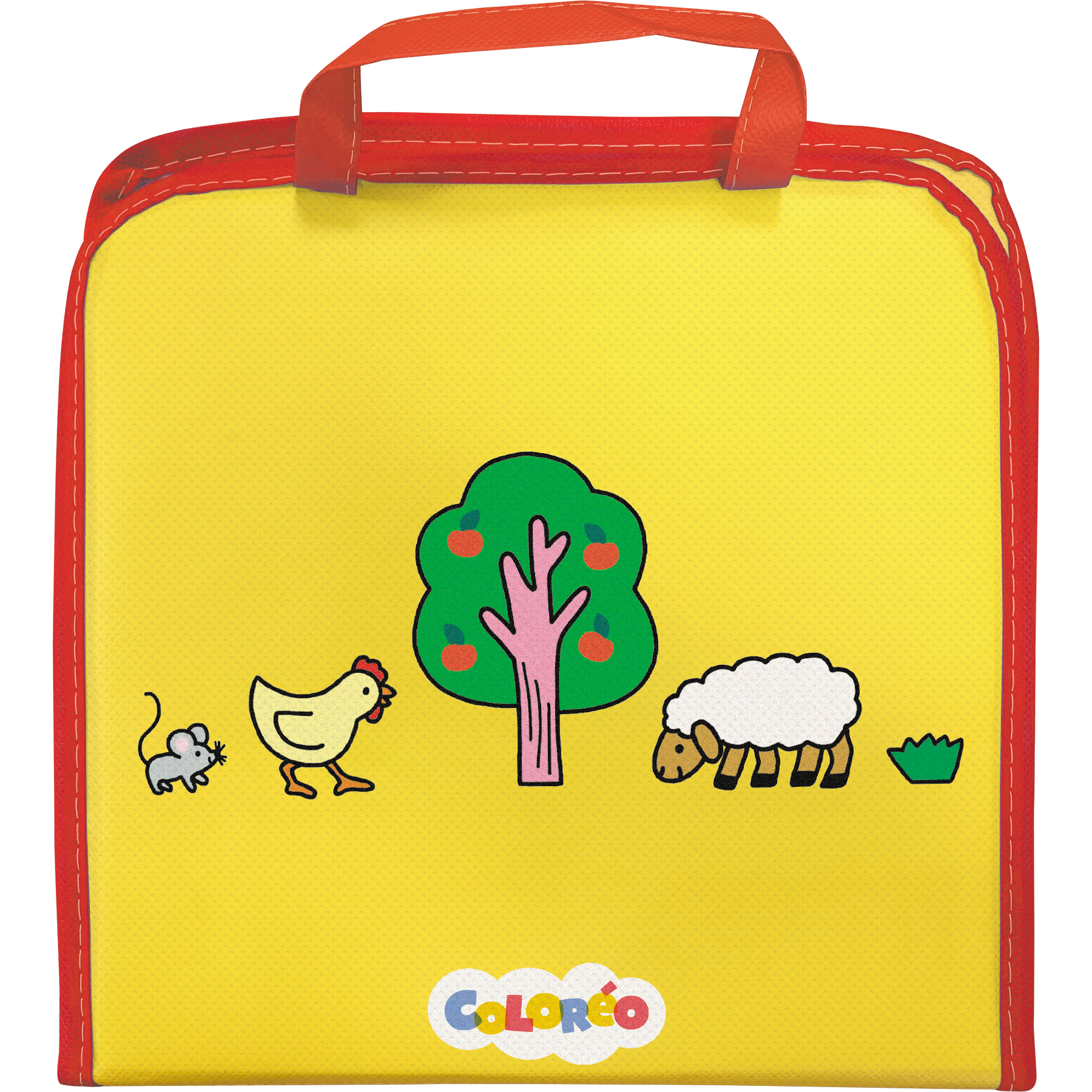 Żółty blok do rysowania z czerwoną obwódką. Widoczne rysunki zwierząt i drzewa.