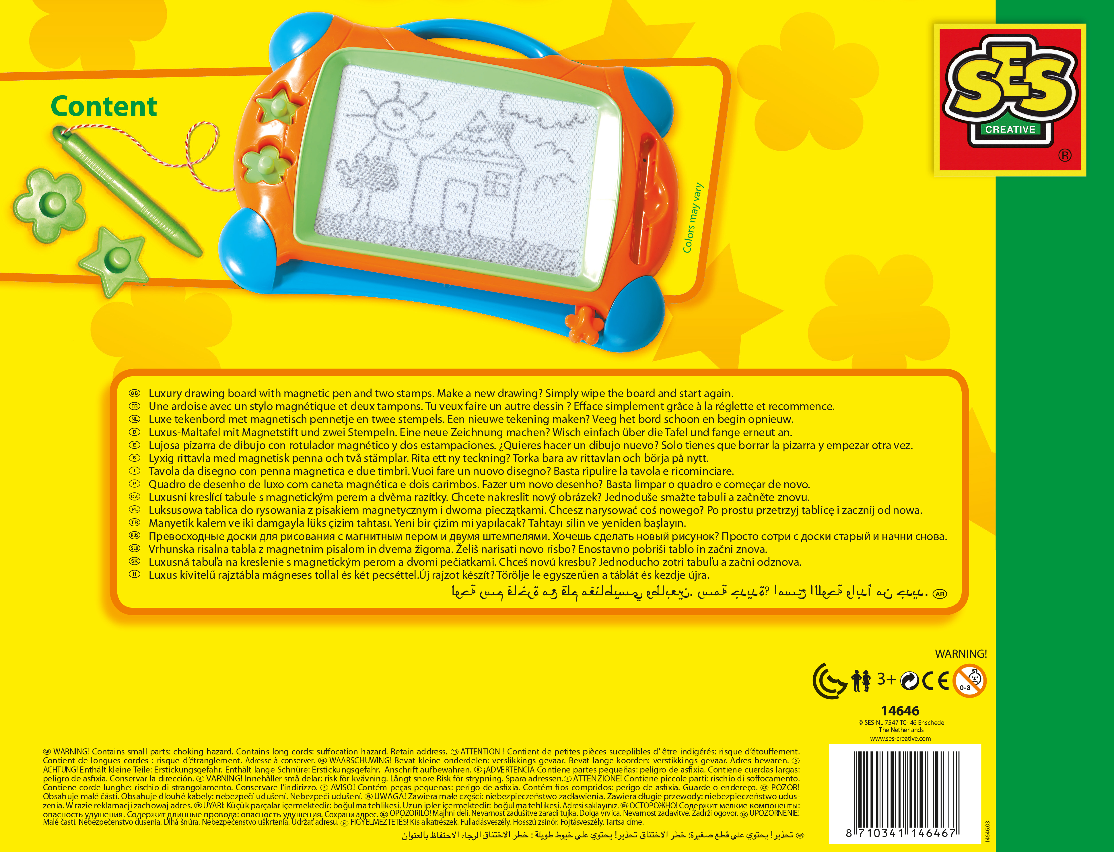 Tył pudełka z tablicą do rysowania SES z instrukcjami i ostrzeżeniami w wielu językach.