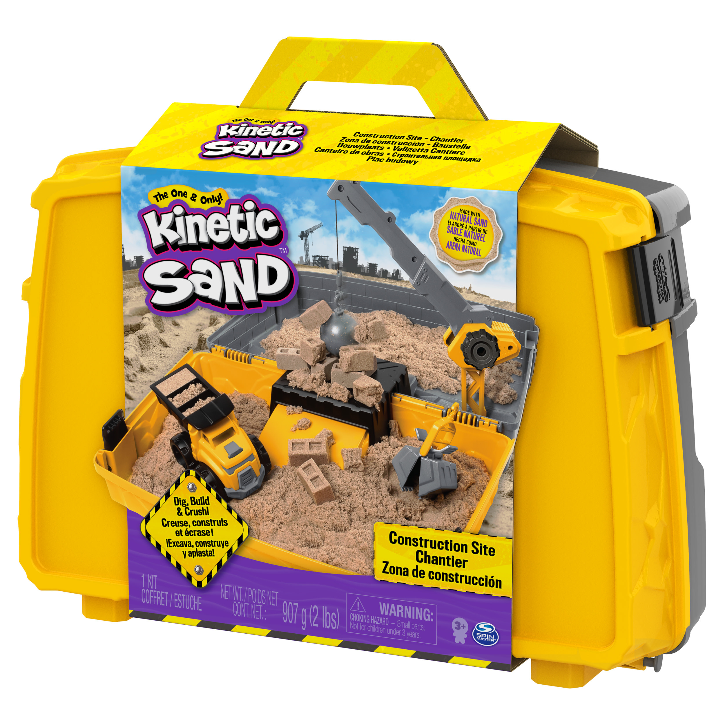 Żółty zestaw Construction Site Kinetic Sand z żurawiem, ciężarówką i piaskiem.