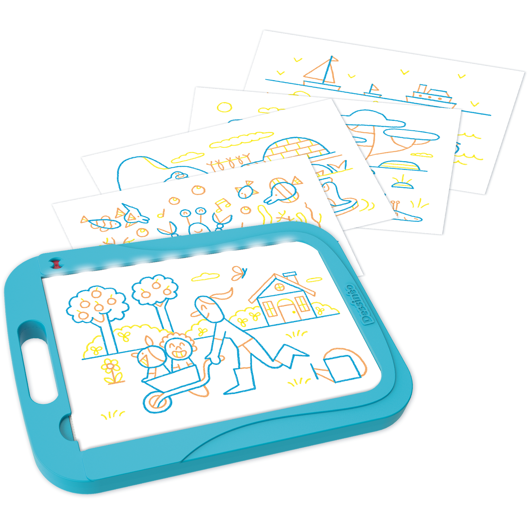 Zestaw zabawek do rysowania z niebieską podkładką i rysunkami postaci.