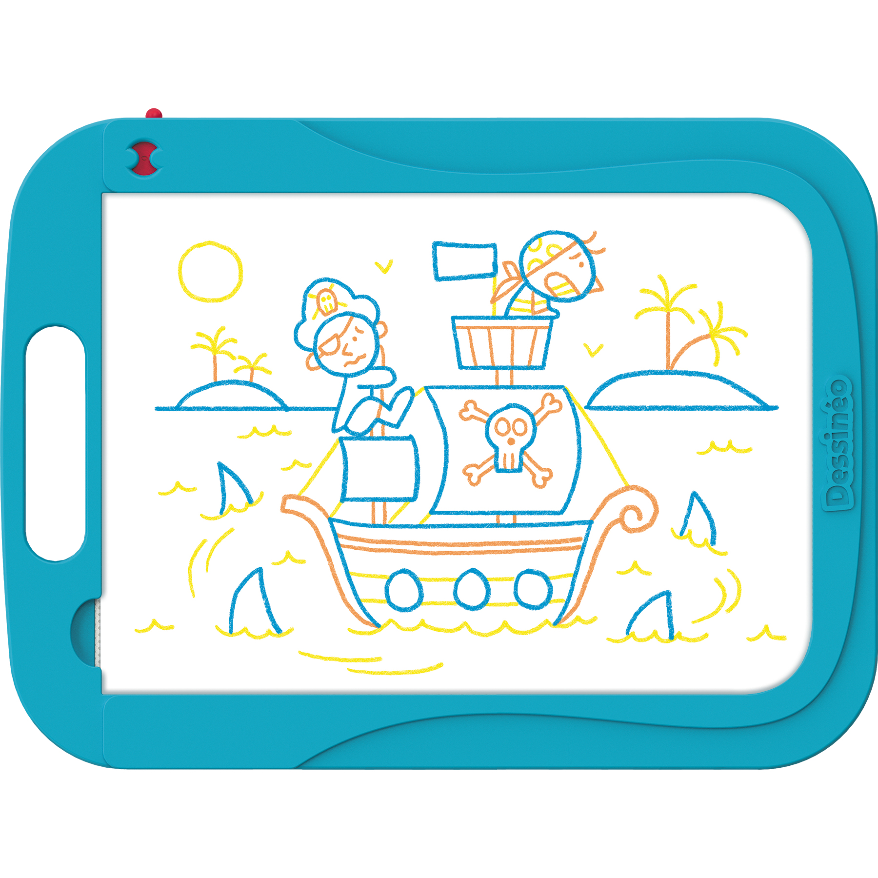 Niebieska tablica do rysowania z rysunkiem statku pirackiego. Zawiera pirata, czaszkę i rekiny.