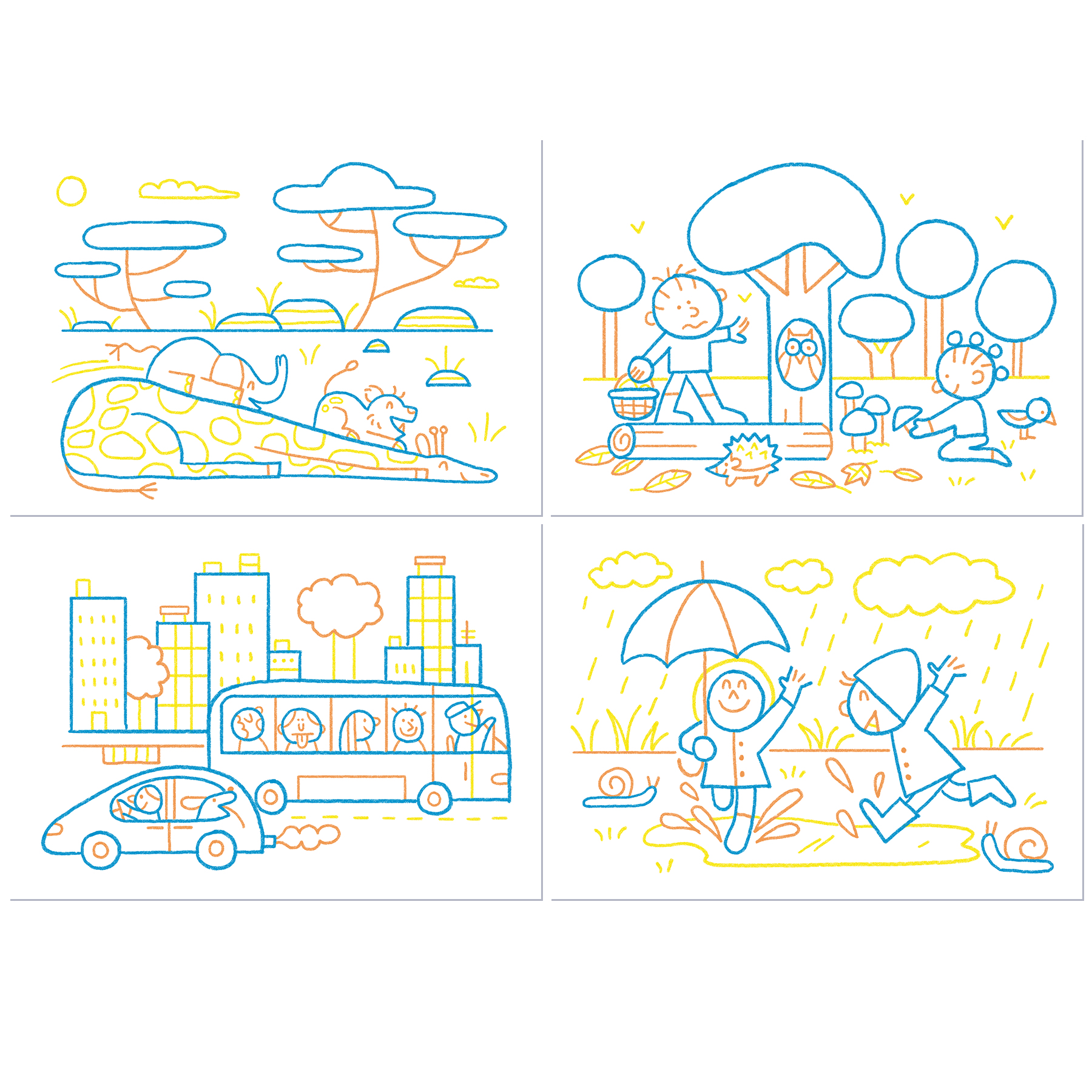 Cztery rysunki z kreskówek przedstawiające różne sceny. Zawiera autobus, żyrafy, dzieci i deszczowy dzień.
