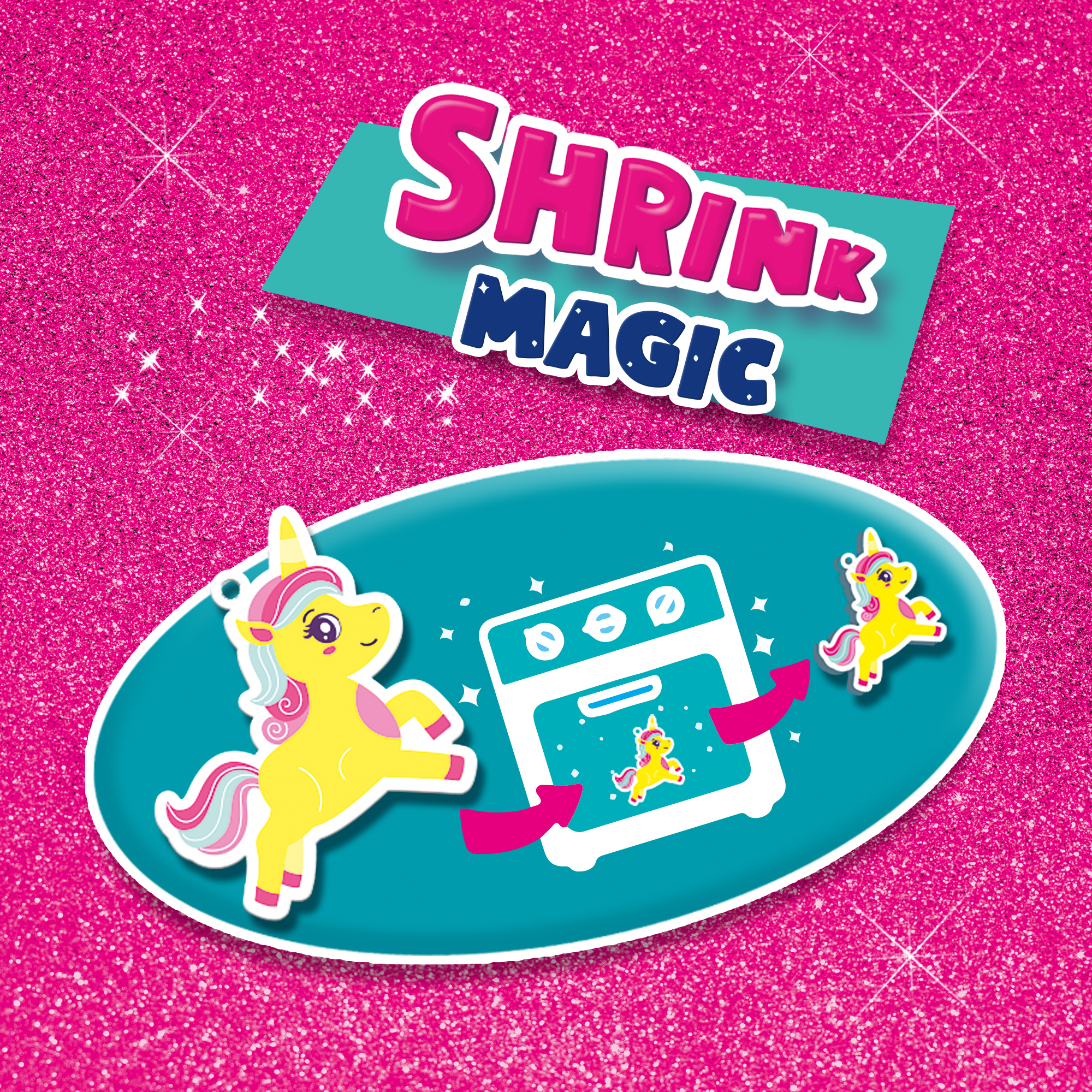 Uno sfondo rosa glitterato a tema unicorno. Contiene unicorni, un forno e la scritta 'SHRINK MAGIC'.