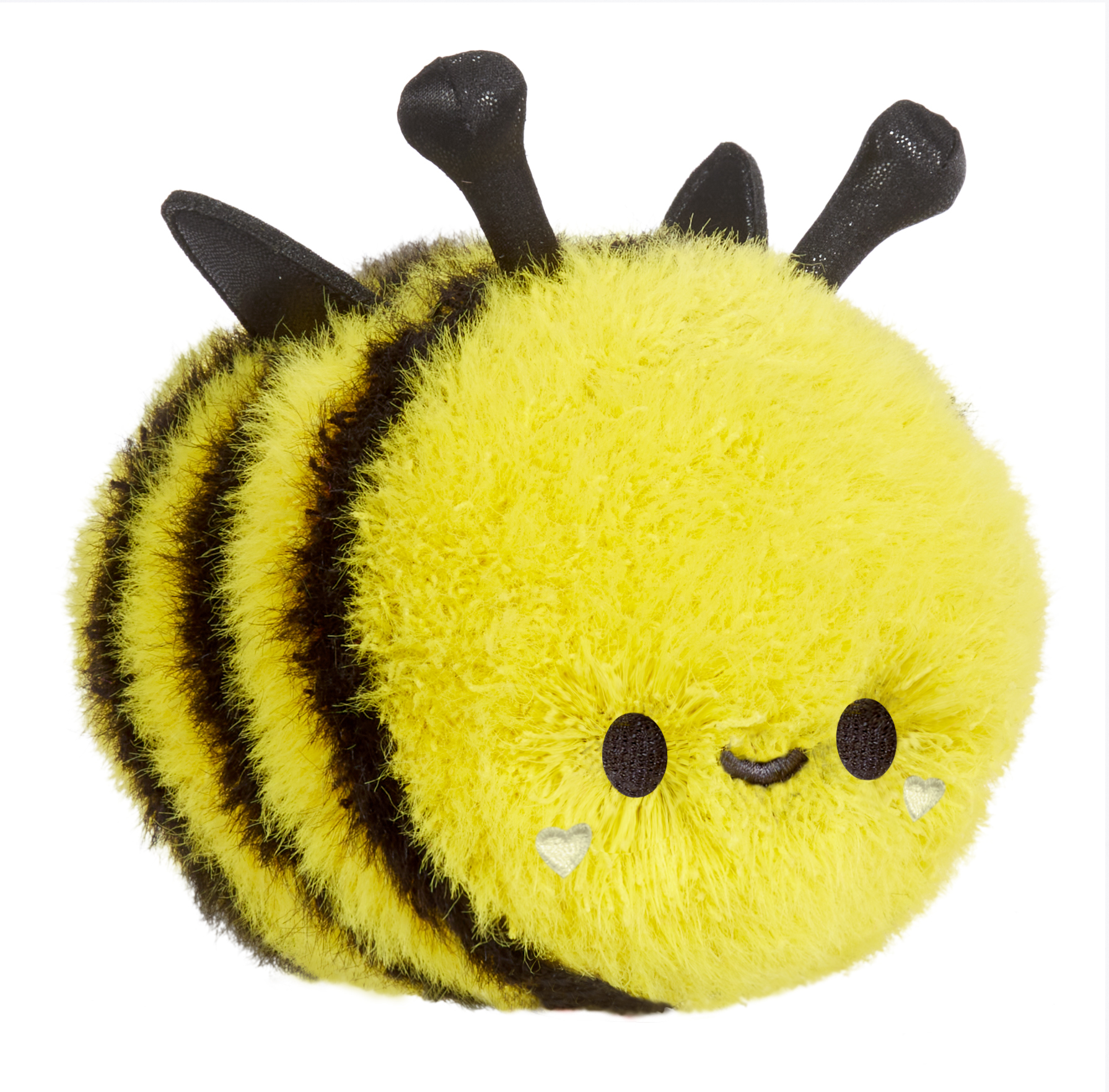 Un giocattolo a forma di ape di peluche con strisce nere e gialle. Antenne nere e viso sorridente.
