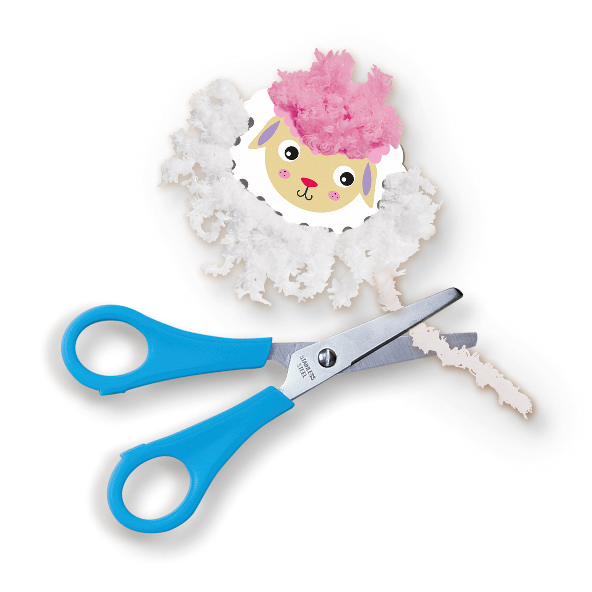 Projekt rzemieślniczy owcy z różową wełnistą głową i niebieskimi nożyczkami przecinającymi jej puszyste ciało.