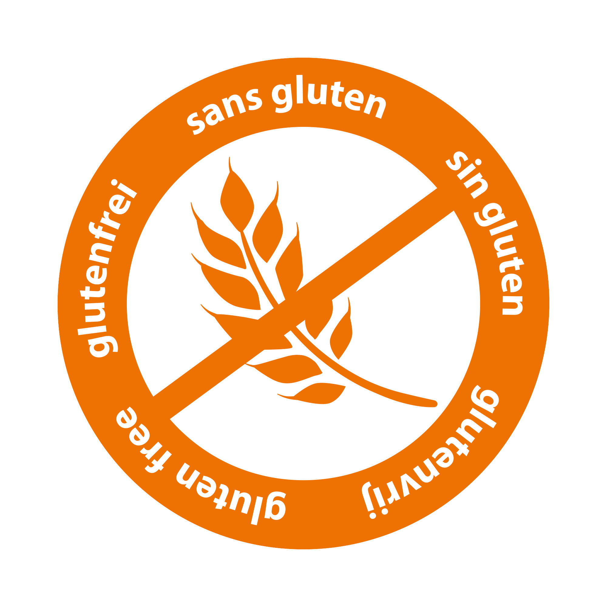 Pomarańczowy okrąg z pszenicą i linią, z tekstem Bez glutenu w wielu językach.