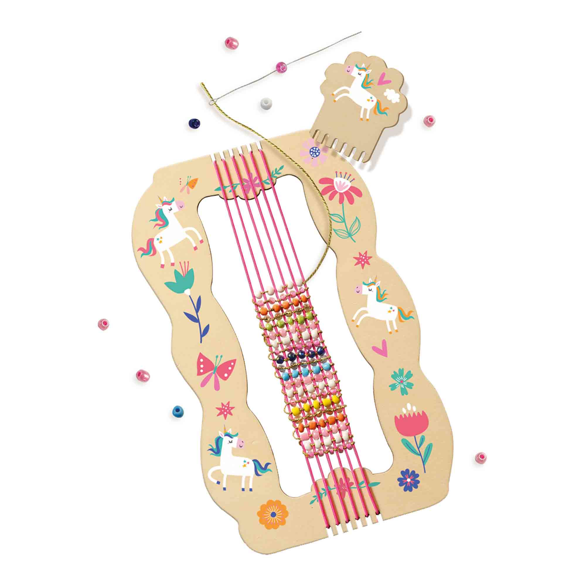 Drewniana zabawka w kształcie harfy z jednorożcem. Posiada kolorowe koraliki i różowe struny.