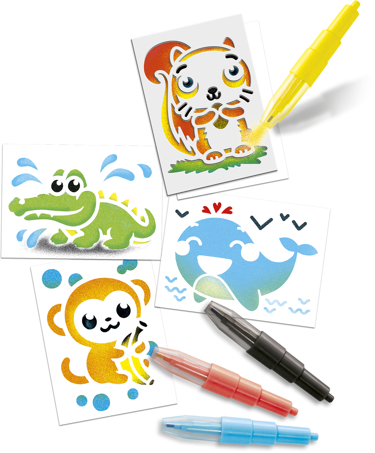 Szablony z wzorami zwierząt. Długopisy służą do kolorowania szablonów. Białe tło.