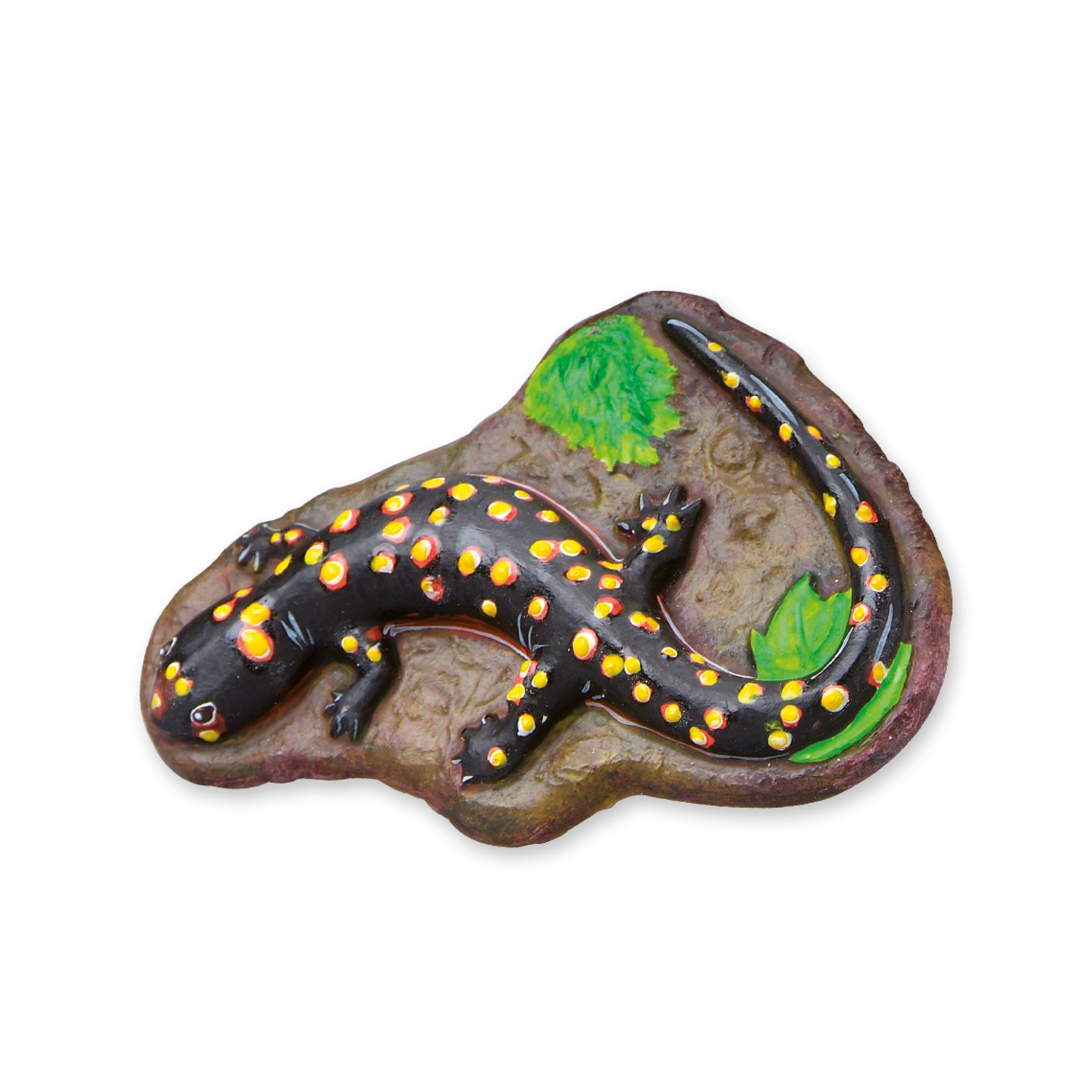 Kolorowa, nakrapiana figurka salamandry spoczywająca na brązowej skale z zielonymi liśćmi, na białym tle.