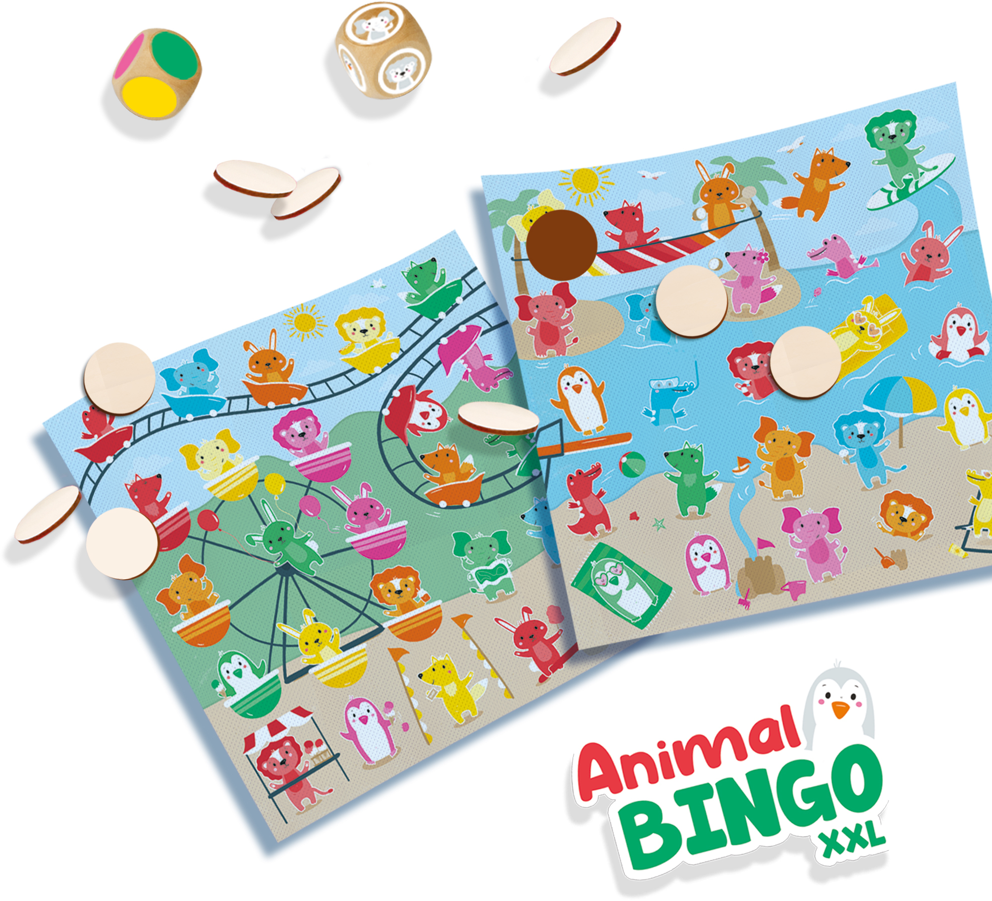 Gioco Animal Bingo XXL. Il gioco presenta due cartelle di bingo, gettoni di legno e un dado con immagini di animali.
