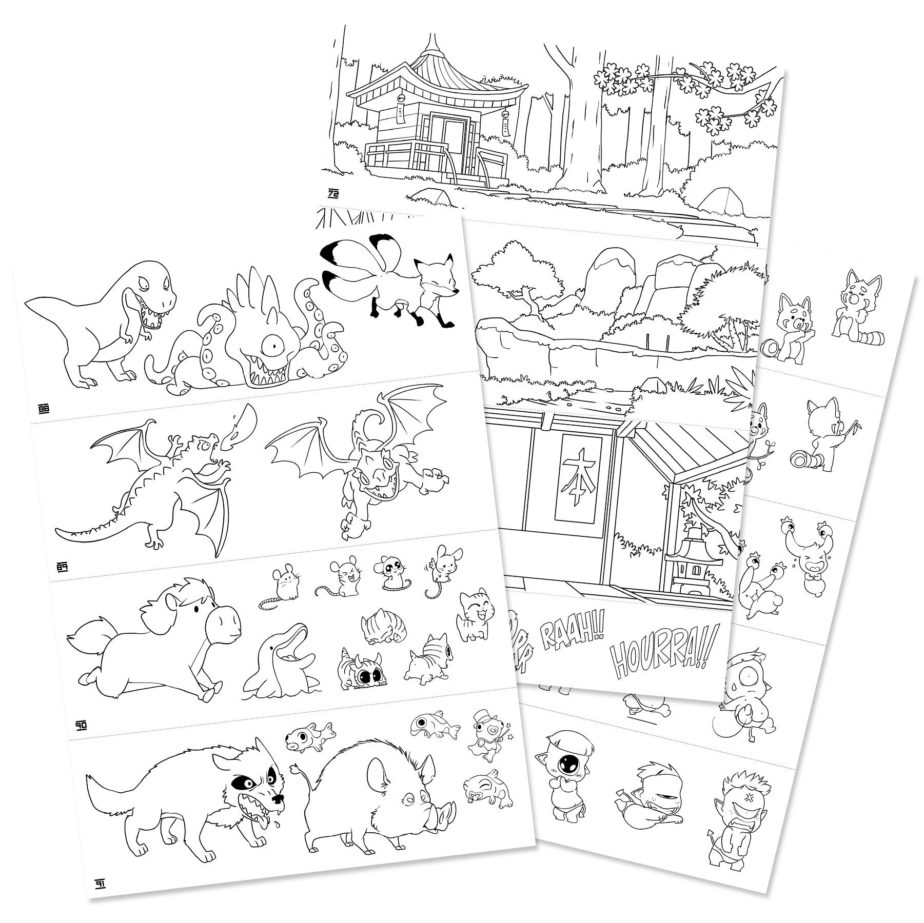 Czarne i białe rysunki na papierze. Rysunki obejmują dinozaury, potwory i sceny z ludźmi.