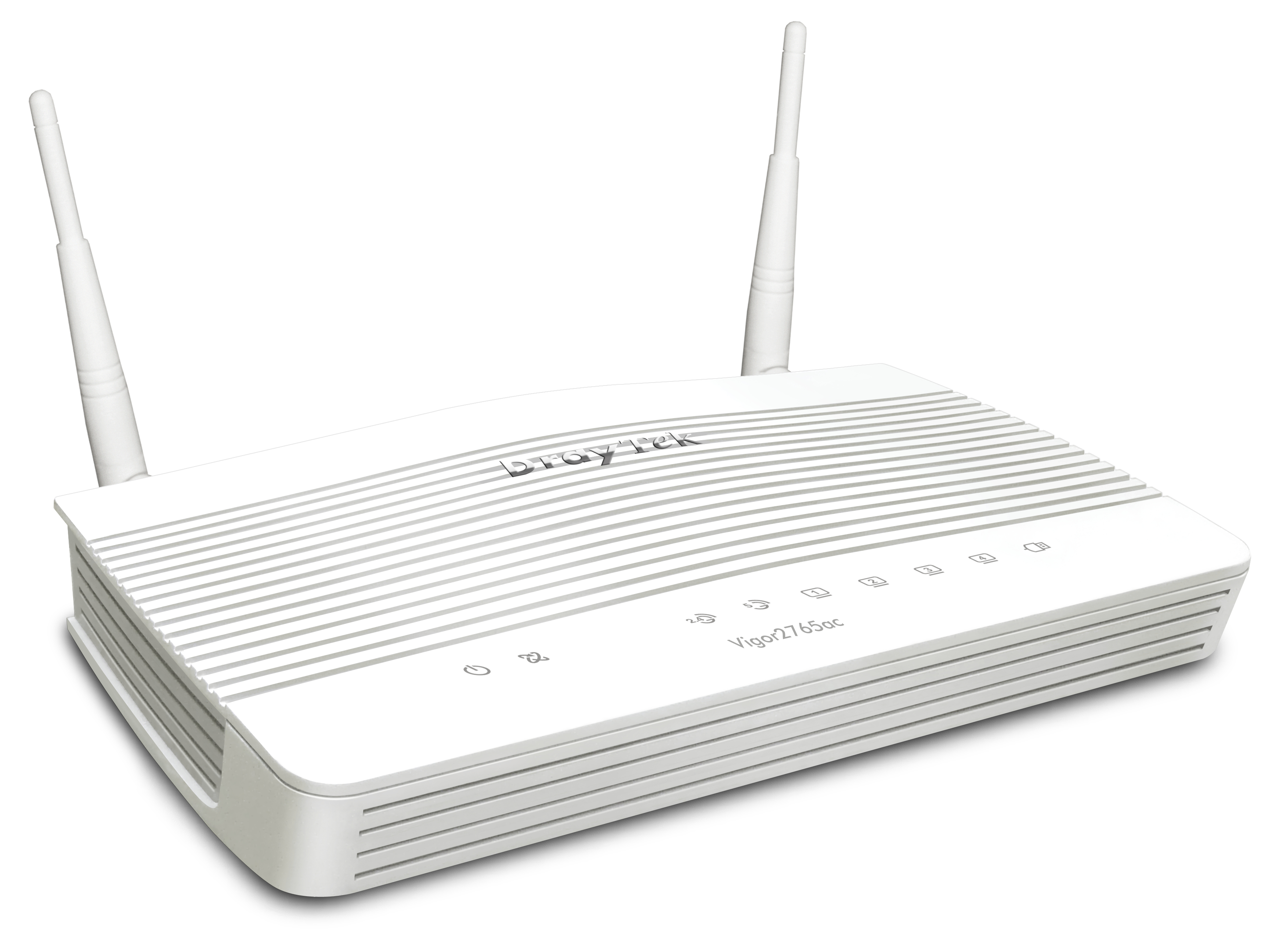 Router bianco con due antenne. La parte superiore ha linee curve. Sfondo bianco.