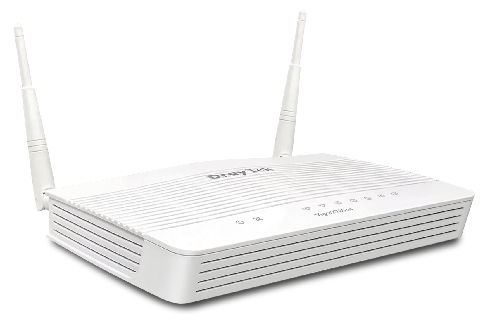 Router DrayTek Vigor bianco con due antenne. Ha luci e un pulsante di accensione sulla parte anteriore.