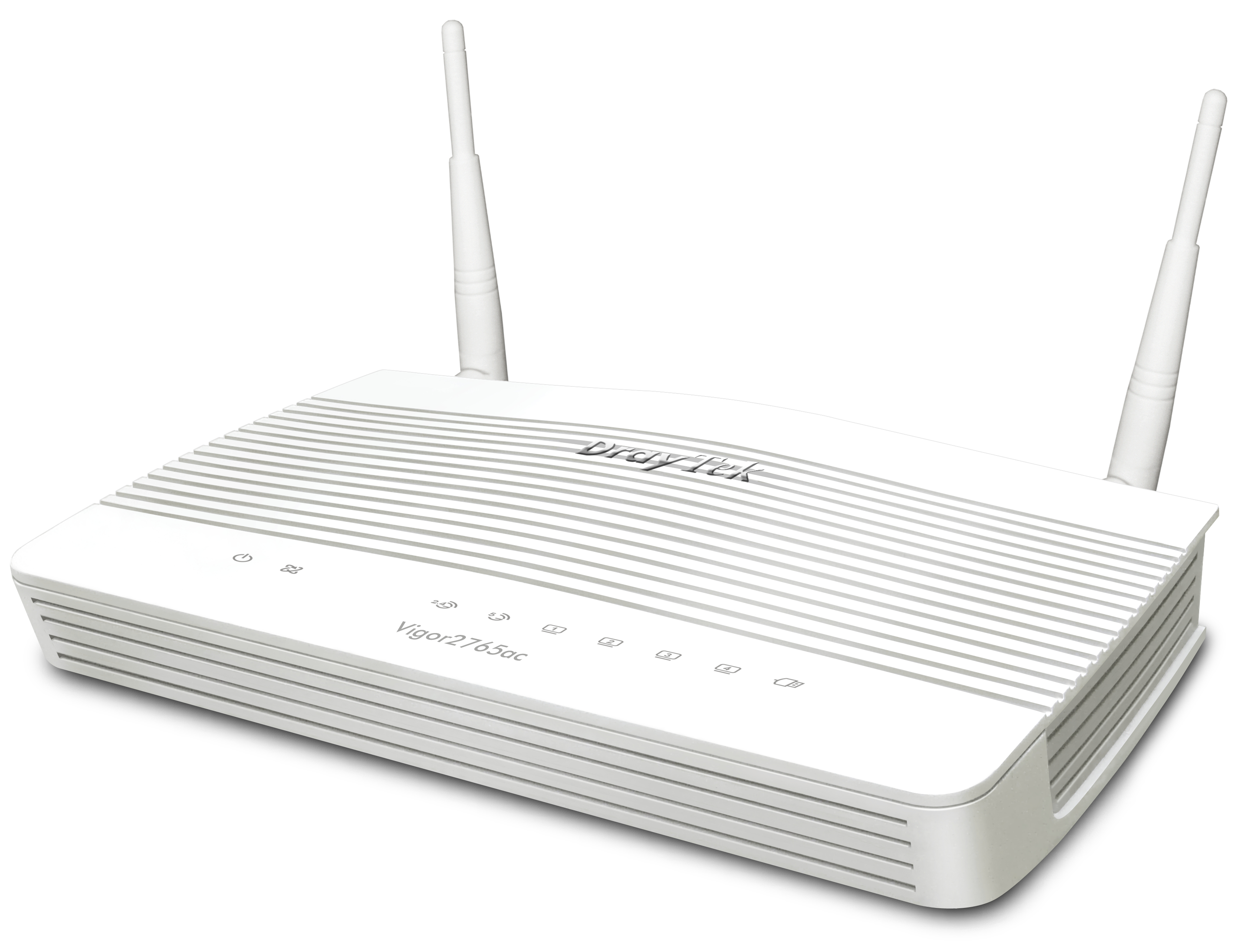 Router DrayTek Vigor2765ac bianco con due antenne. Ha luci e un pulsante di accensione sulla parte anteriore.