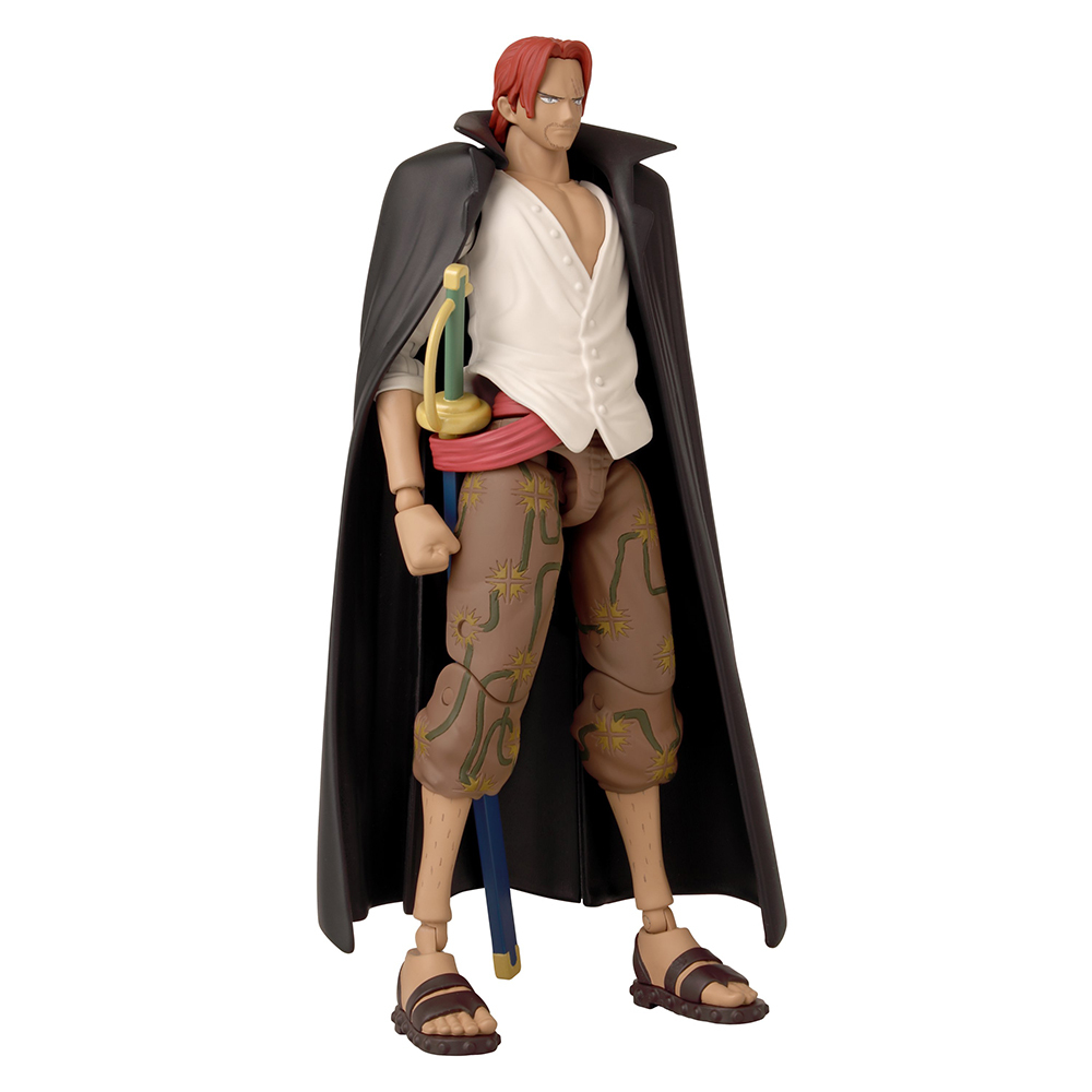 Figura de Shanks de One Piece. Lleva una capa negra, camisa blanca y pantalones marrones con espada.