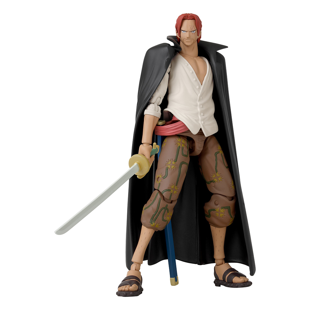 Una figura de acción de One Piece de Shanks, sosteniendo una espada, con una capa negra.