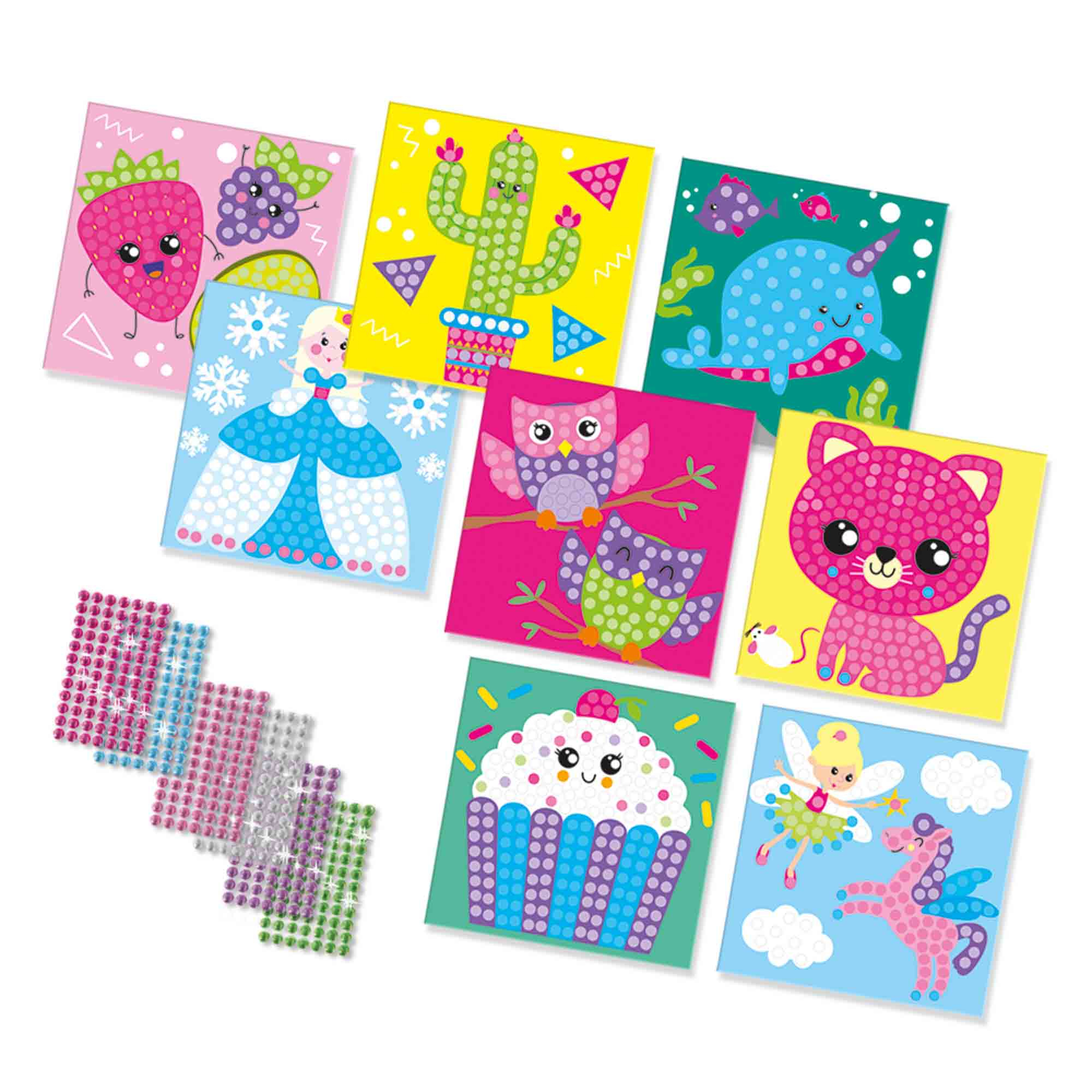 Zestaw ośmiu kwadratowych kart z kreskówkowymi obrazami różnych zwierząt i produktów spożywczych.