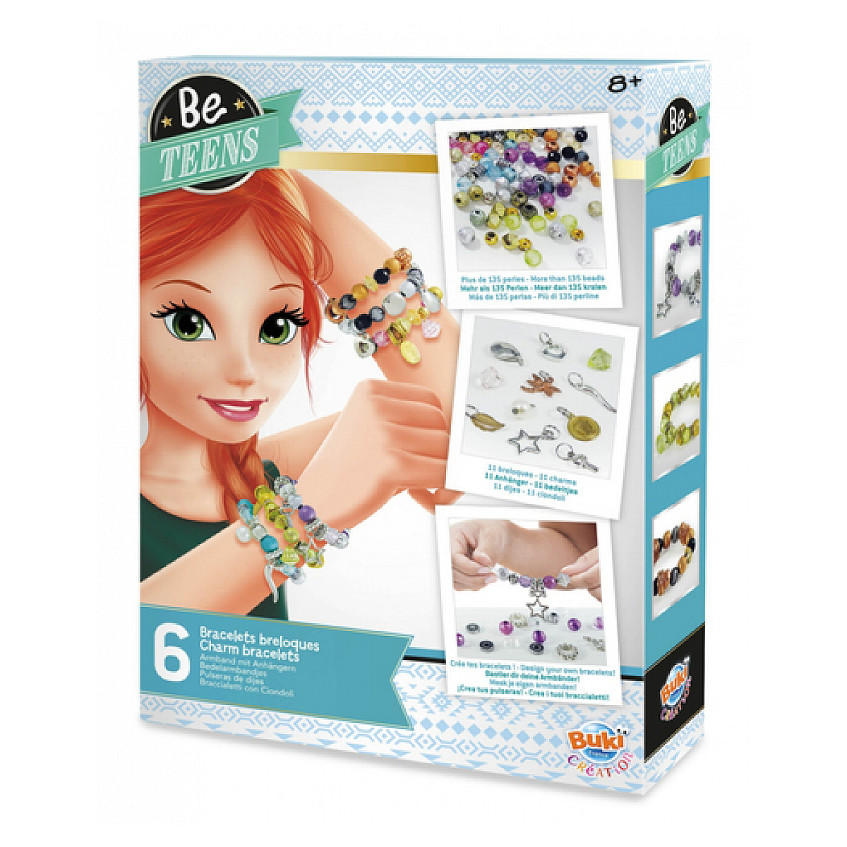 Pudełko z dziewczyną i biżuterią. Zawiera bransoletki, koraliki i zawieszki.