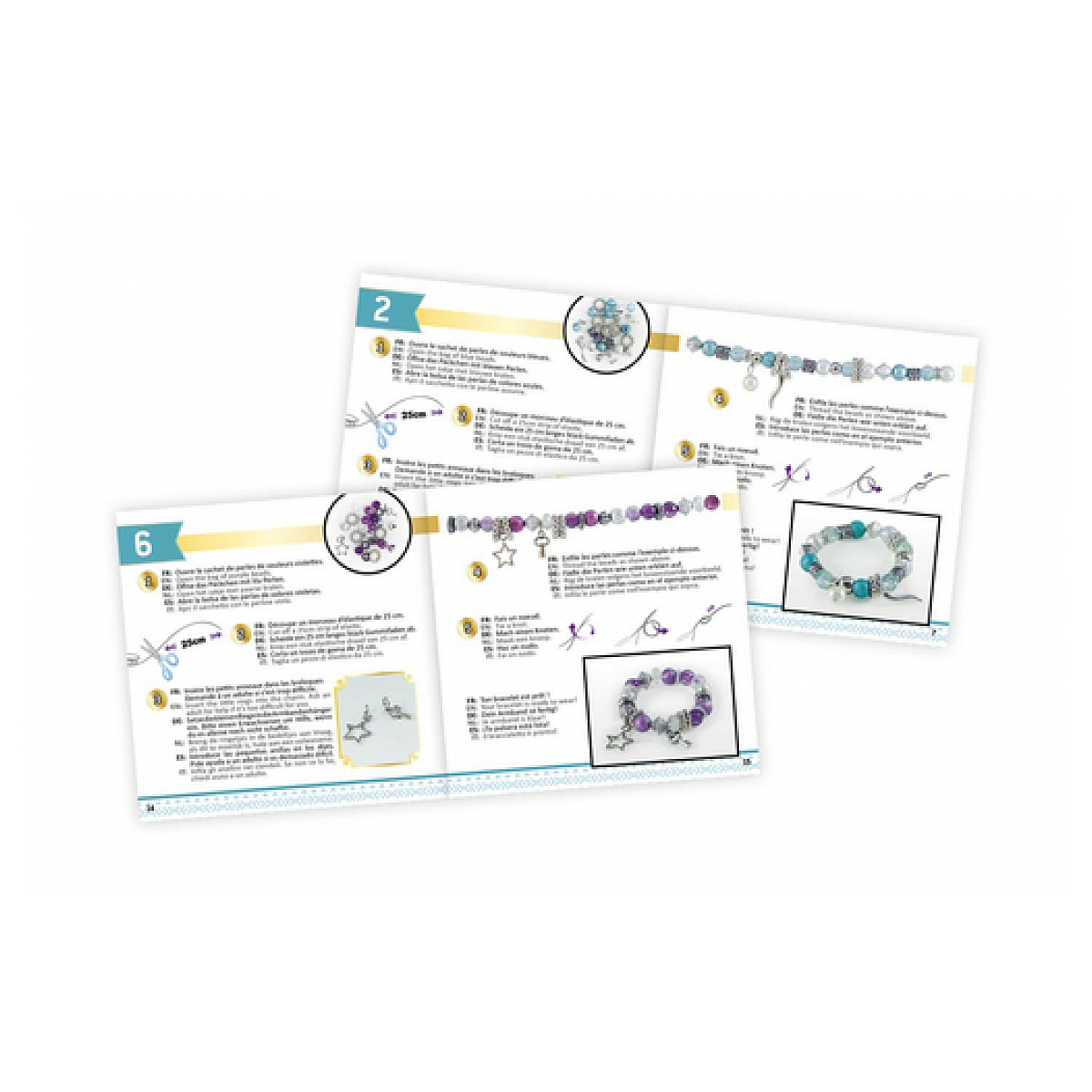 Strony z książki pokazujące, jak robić bransoletki z koralików. Zawiera bransoletkę i instrukcje.
