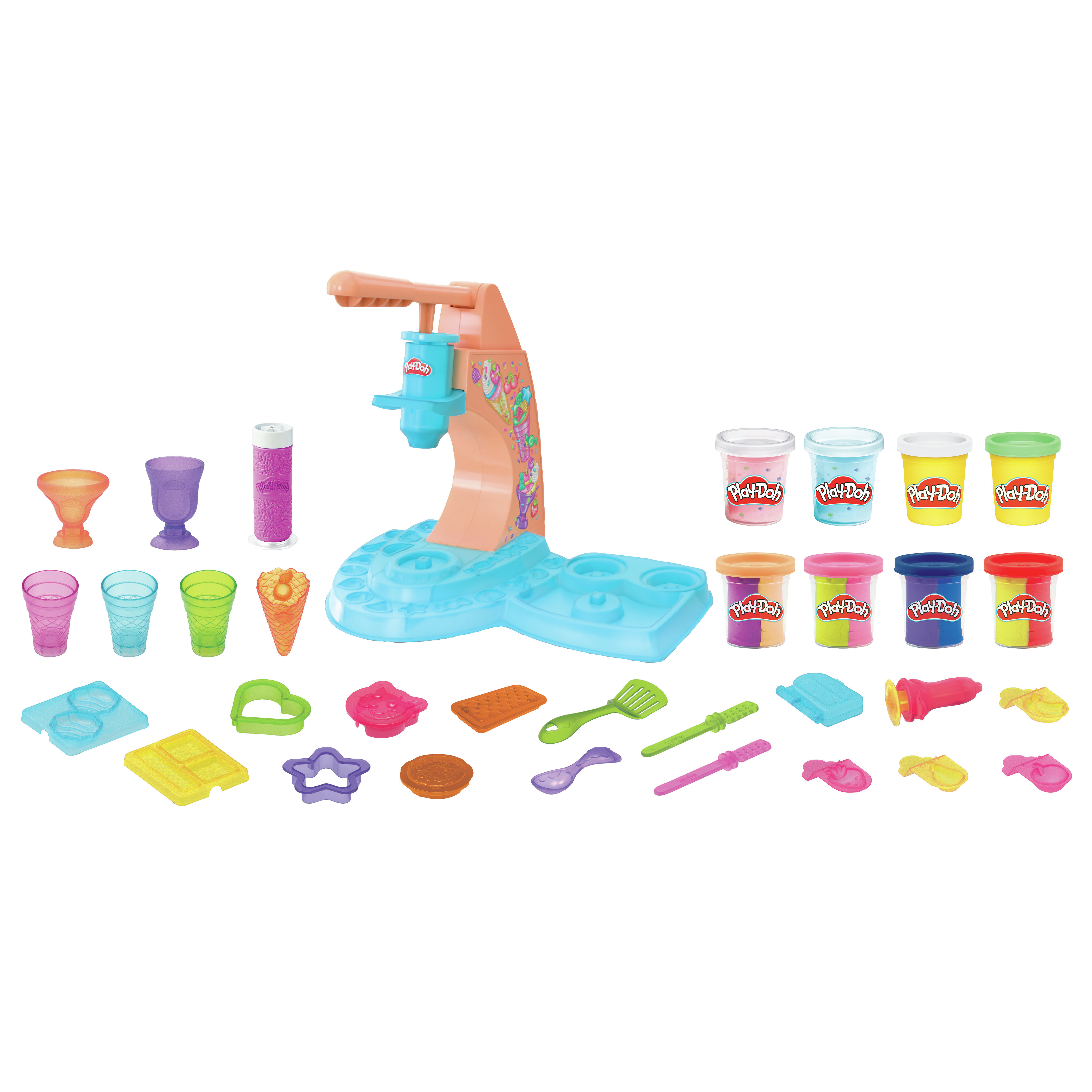 Zestaw do robienia lodów Play-Doh z różnymi foremkami, narzędziami i pojemnikami Play-Doh.