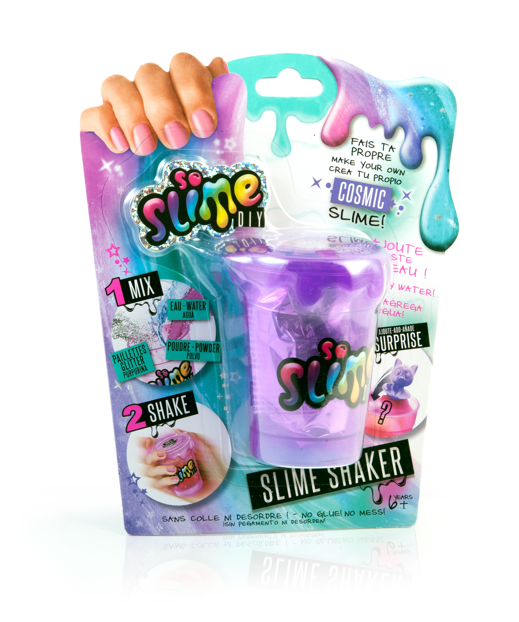 Zestaw do shakera So Slime DIY Cosmic Slime. Fioletowy pojemnik na slime z brokatem. Instrukcje i składniki.