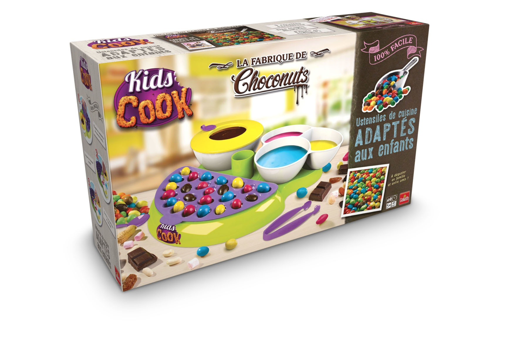 Zestaw zabawek do gotowania w pudełku z kolorowymi elementami, przyjazny dzieciom design.