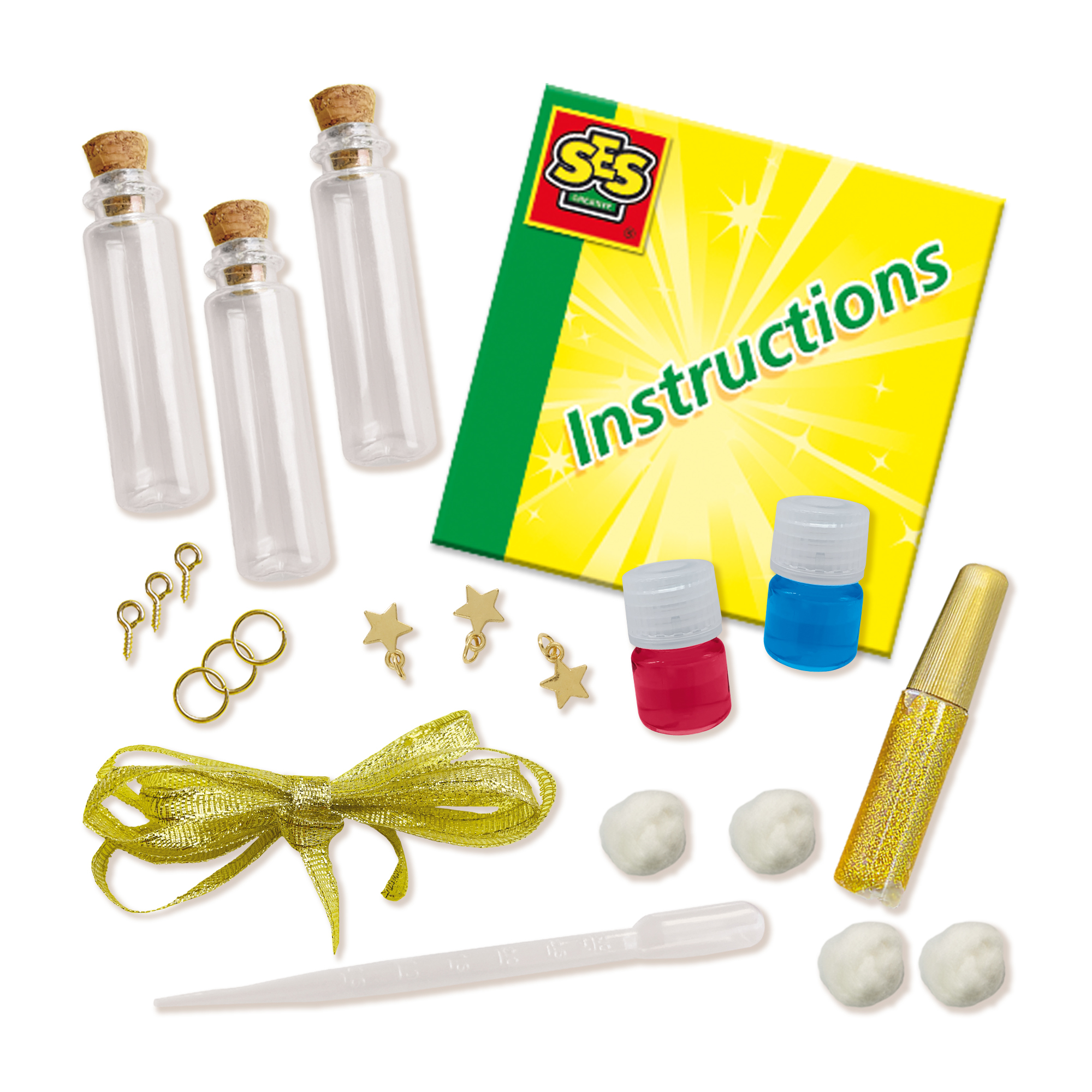 Zestaw do rękodzieła z butelkami, zawieszkami, brokatem i instrukcjami, widok z góry.