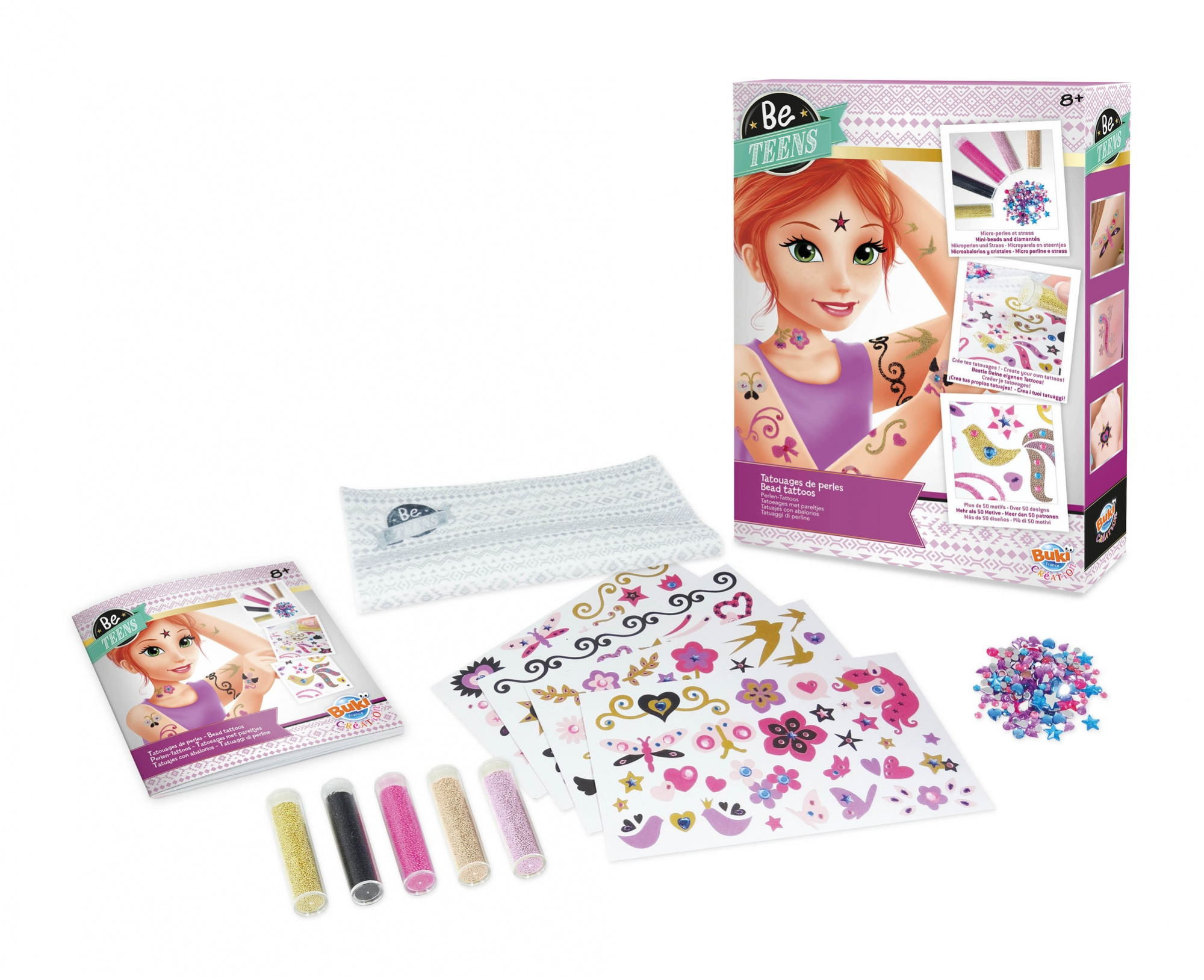 Pudełko z zestawem do tatuażu Be Teens ze zdjęciem dziewczyny, prezentujące tatuaże, tubki z brokatem i instrukcje aplikacji.