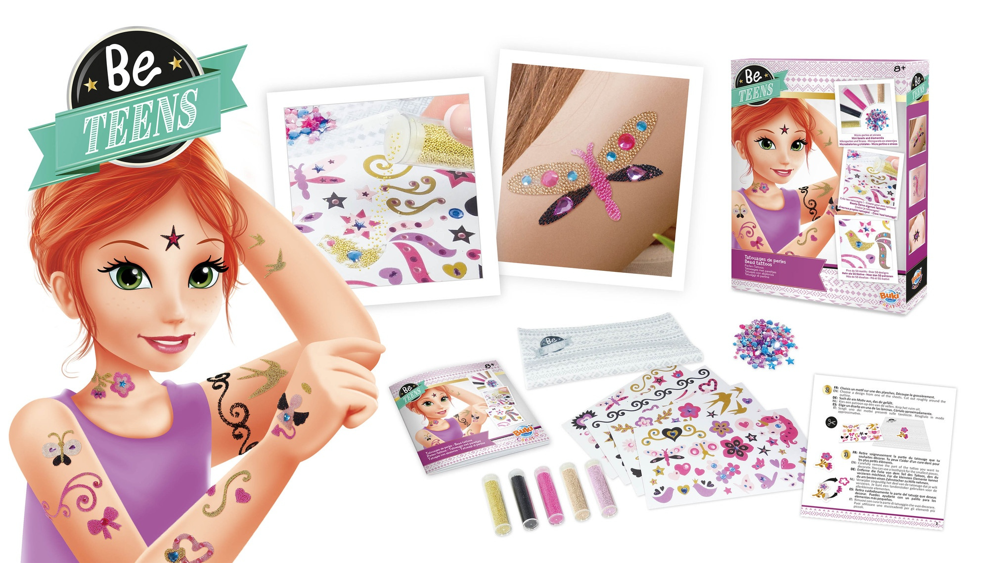 Pudełko z zestawem do tatuażu Be Teens pokazujące dziewczynę, tatuaże na ramieniu i etapy aplikacji z akcesoriami.