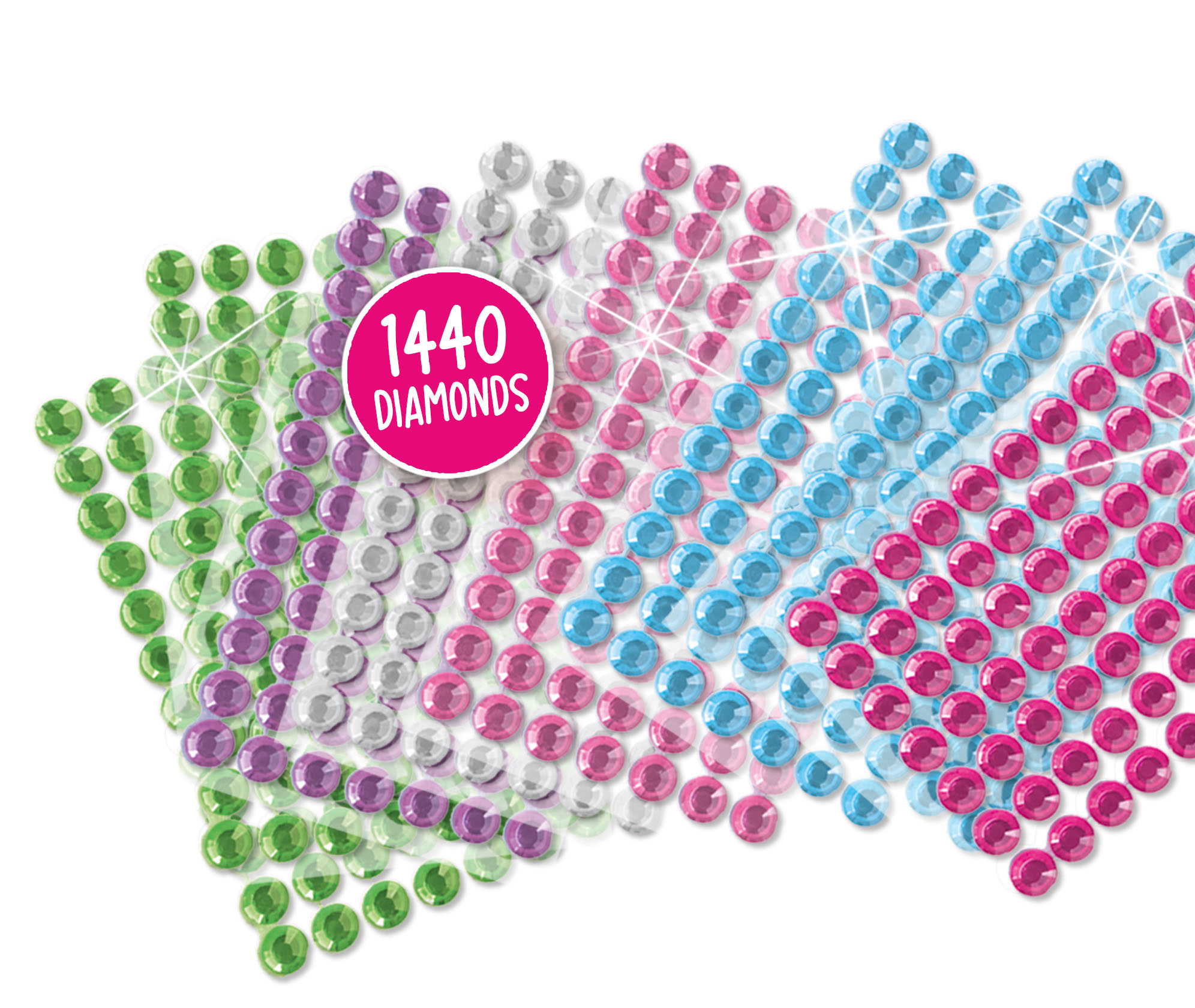 Diamenty w różnych kolorach ułożone w rzędach. Na zdjęciu widnieje 1440 diamentów.