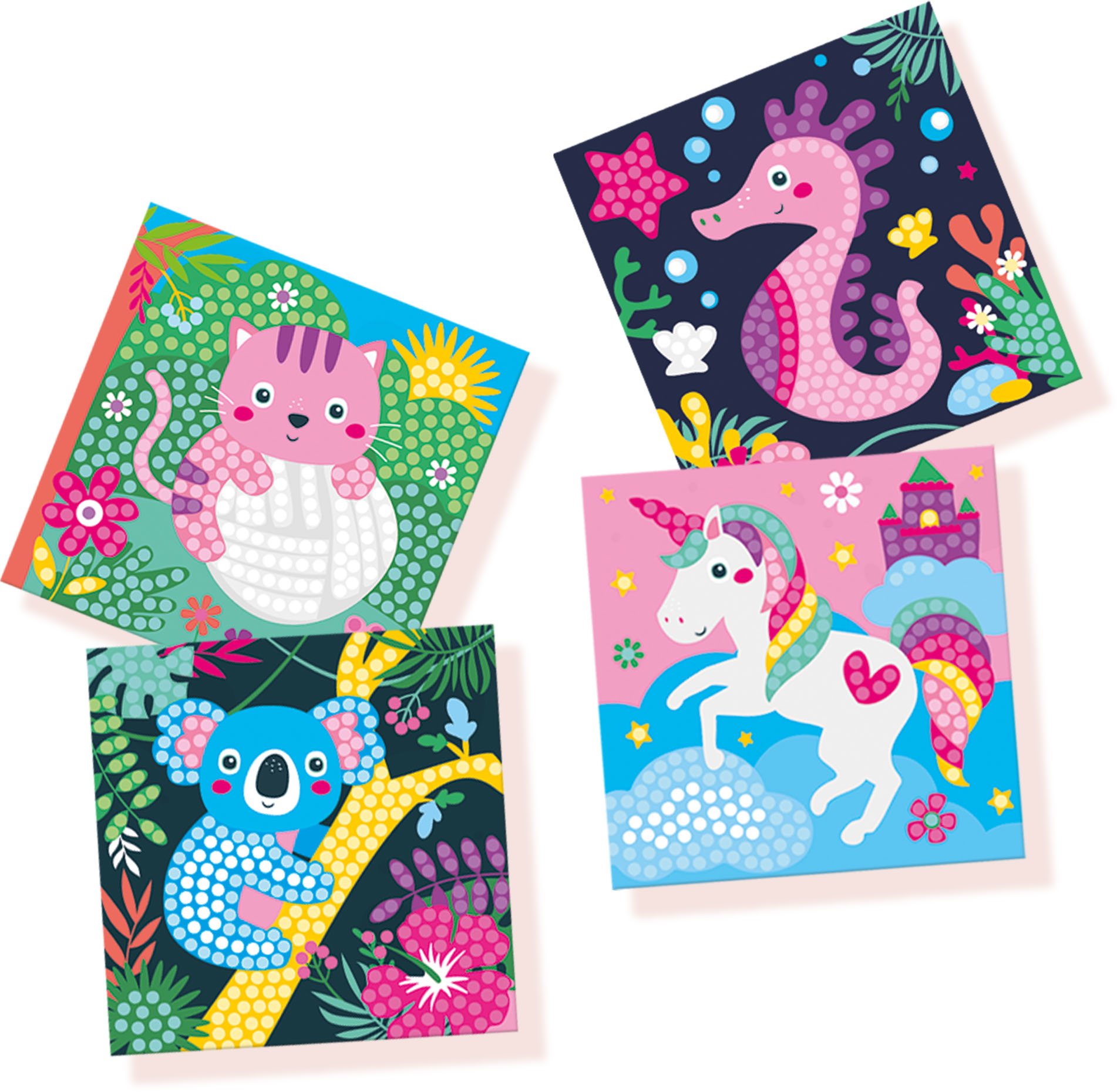 Cztery kwadratowe płótna z kotem, koalą, konikiem morskim i jednorożcem, każdy z unikalnym wzorem.