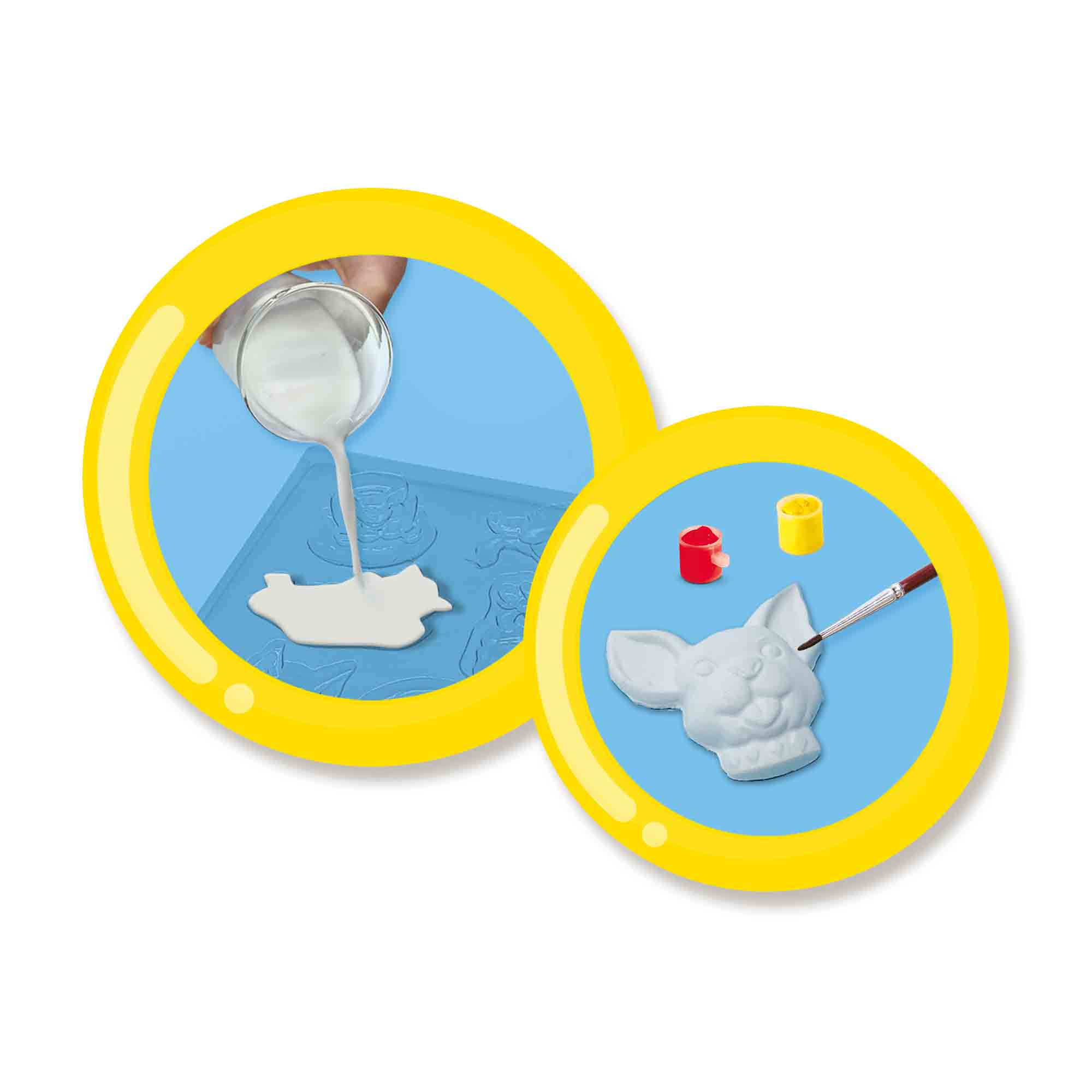 Dwa okrągłe obrazy przedstawiają zajęcia rękodzielnicze. Jeden wylewa płyn, drugi z pomalowanym zajączkiem.