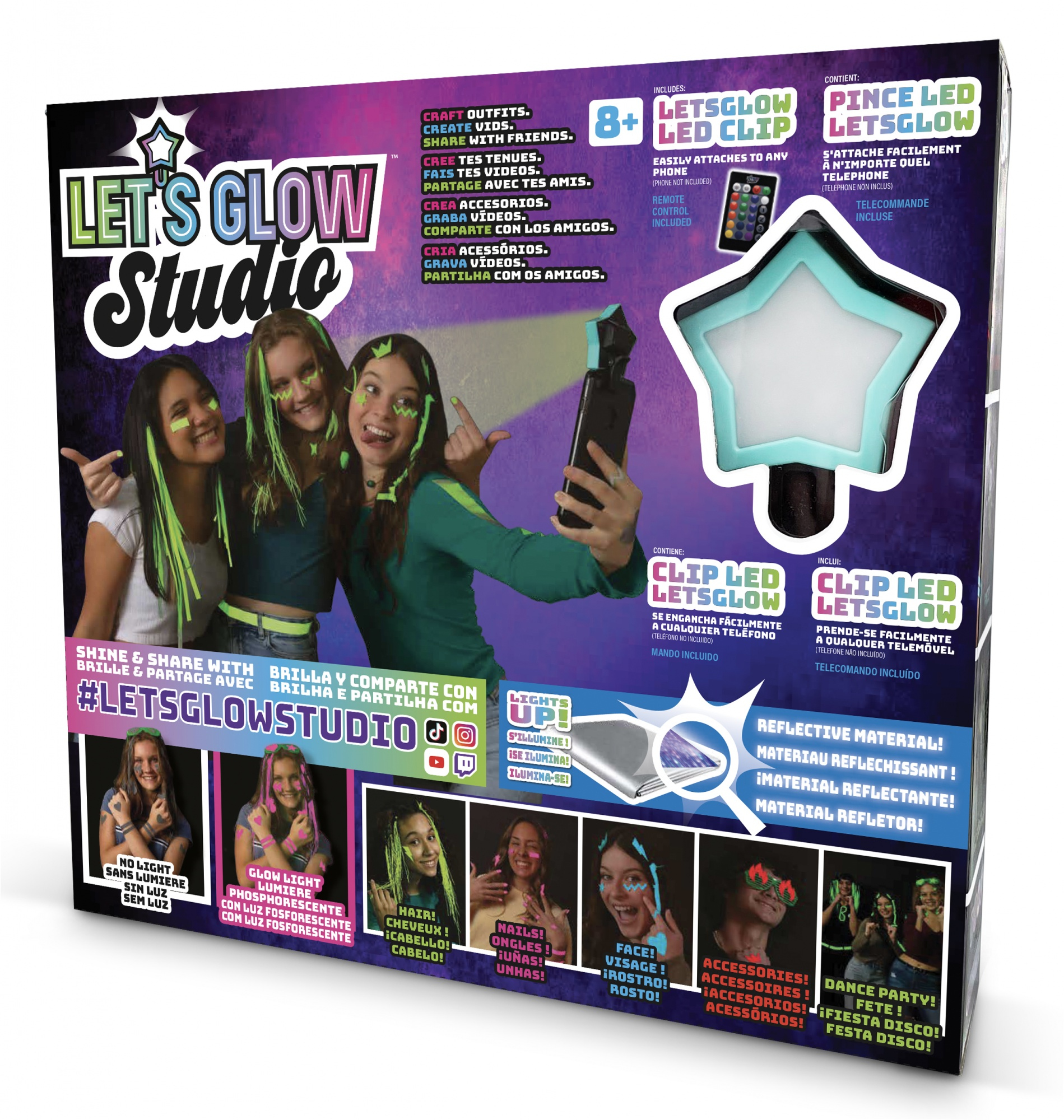 Zestaw Let's Glow Studio. Pudełko pokazuje dziewczyny z świecącymi akcesoriami.