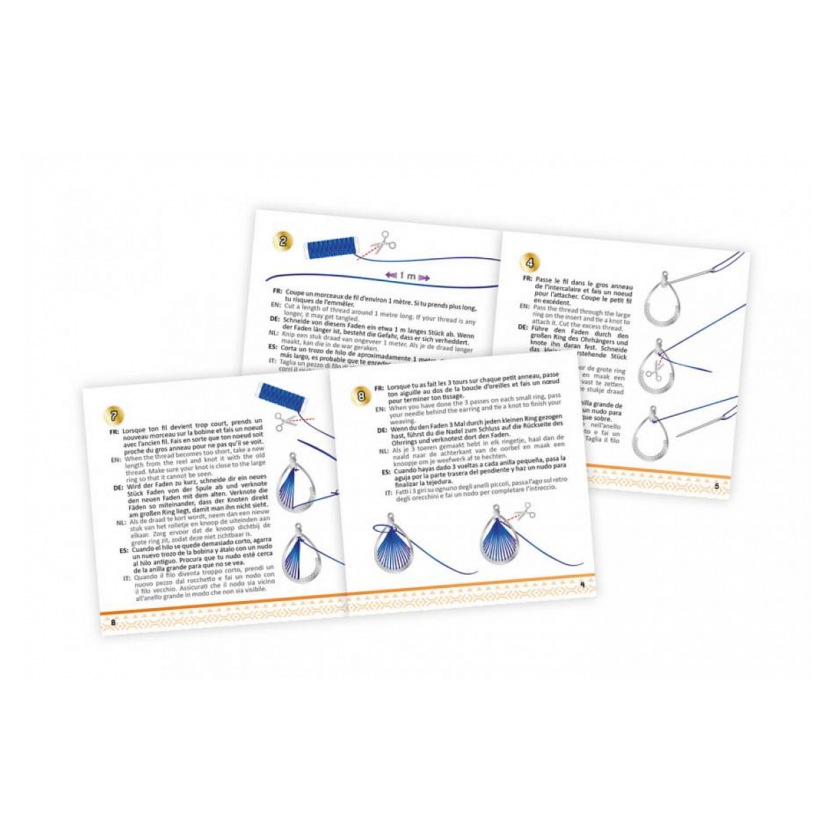Instrukcje z tekstem w wielu językach, ilustrujące sposób robienia kolczyków.