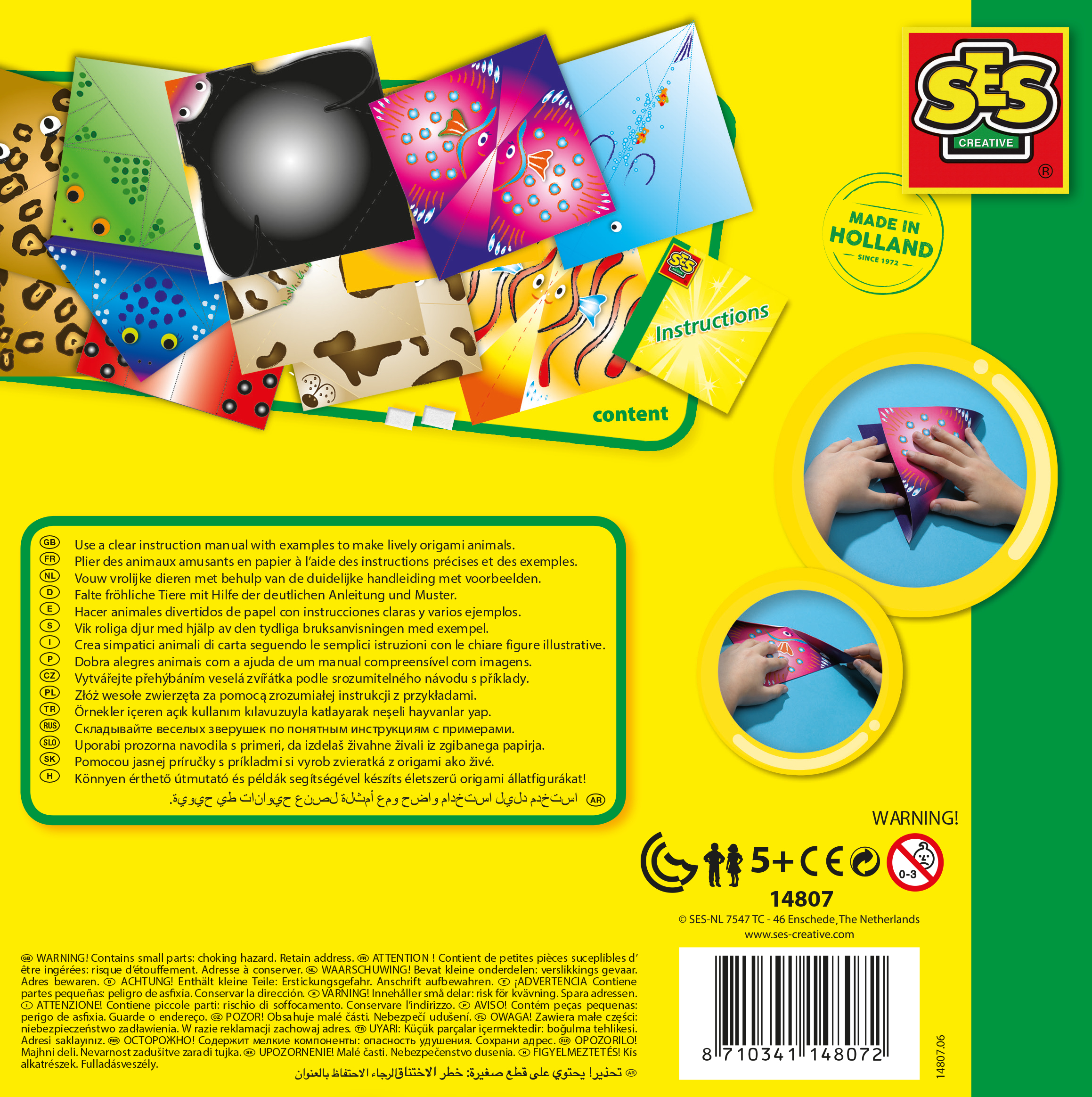 Zestaw instrukcji origami z próbkami papieru i dłońmi składającymi figury.