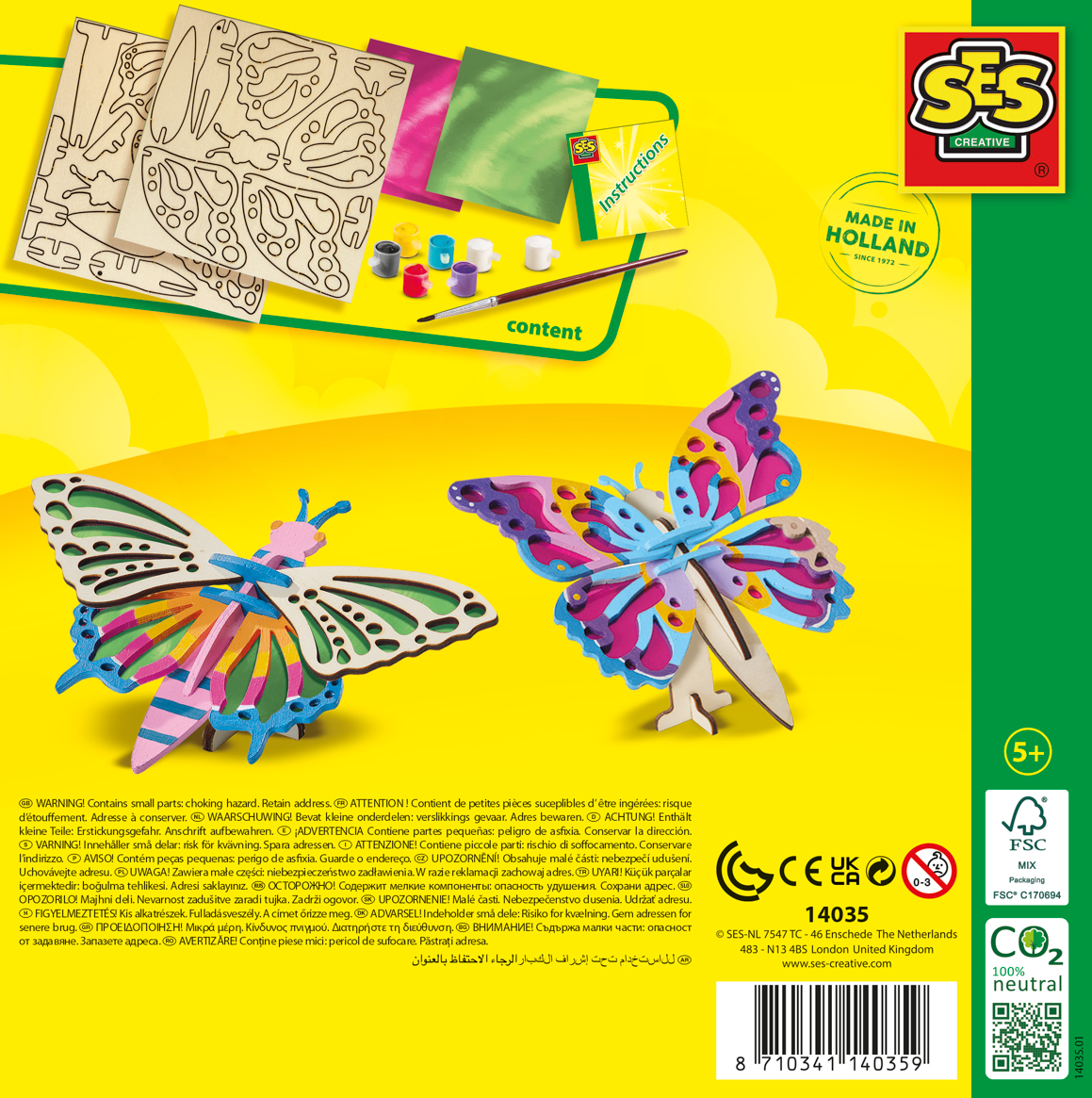 Zestaw do majsterkowania motyla z drewna. Zawiera wstępnie wycięte elementy, farbę i instrukcje. Tył zawiera ostrzeżenia dotyczące bezpieczeństwa.