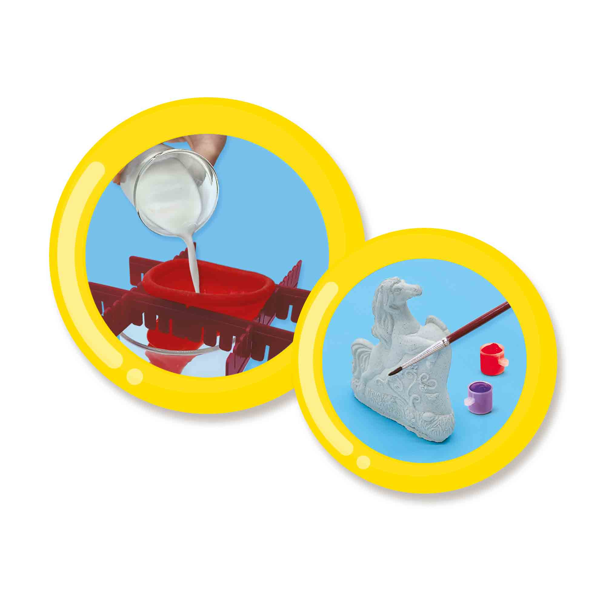 Dwa obrazy projektu rzemieślniczego: wlewanie białej cieczy do czerwonego pojemnika i malowanie posągu konia.