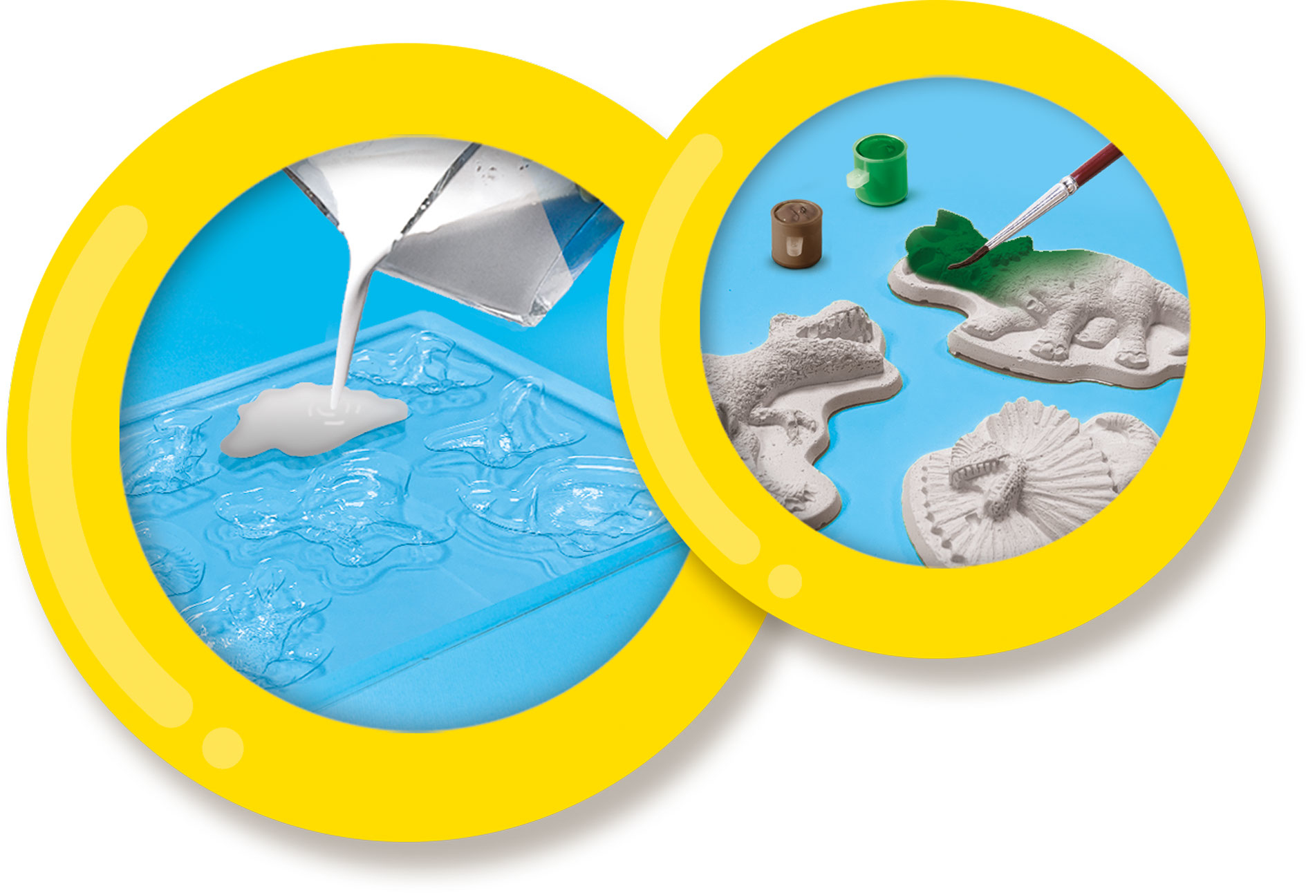 Dwa okrągłe obrazy pokazujące proces zestawu odlewniczego. Niebieskie tło.