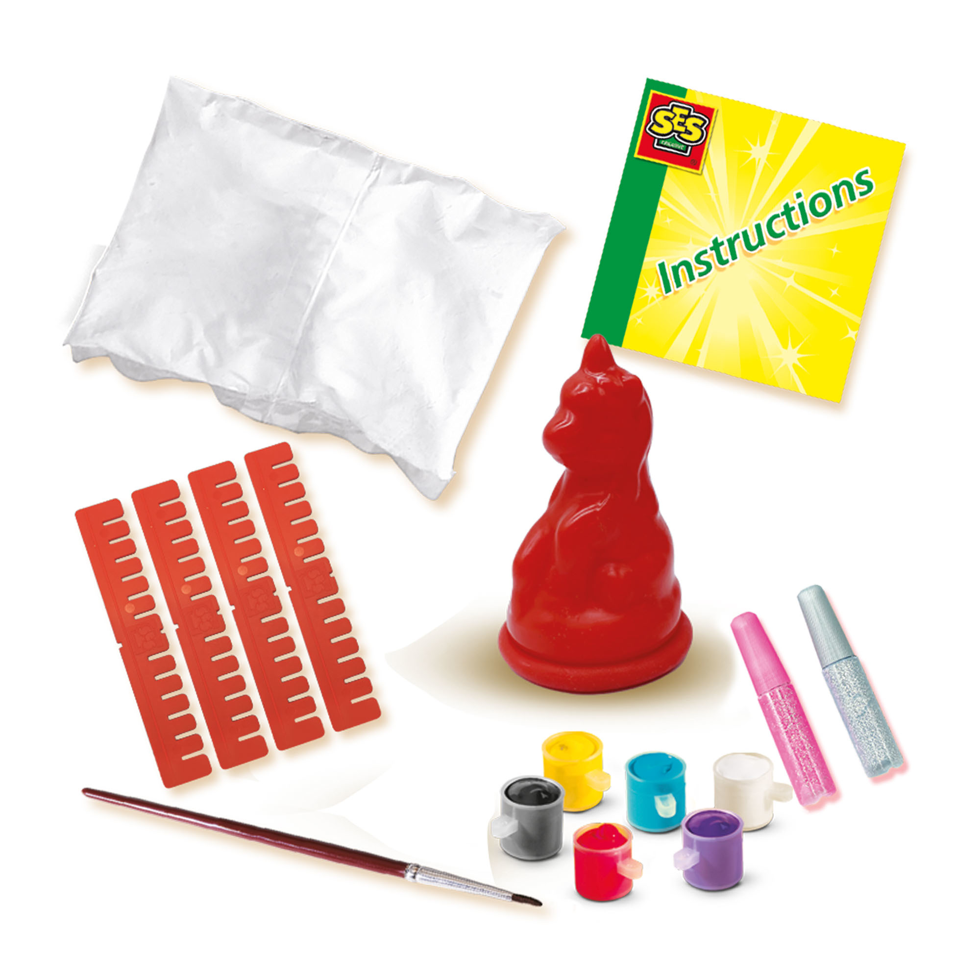 Zestaw rzemieślniczy z czerwoną figurką kota, farbami i instrukcjami.