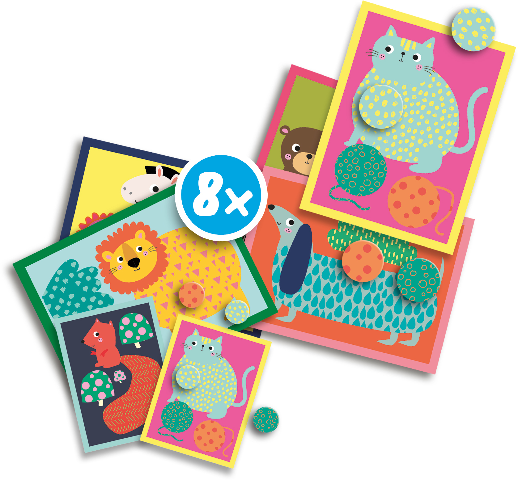 Kolorowe karty zwierząt. Karty z lwem, kotem, psem i wiewiórką z pasującymi okrągłymi elementami. Niebieskie koło z napisem 8x.