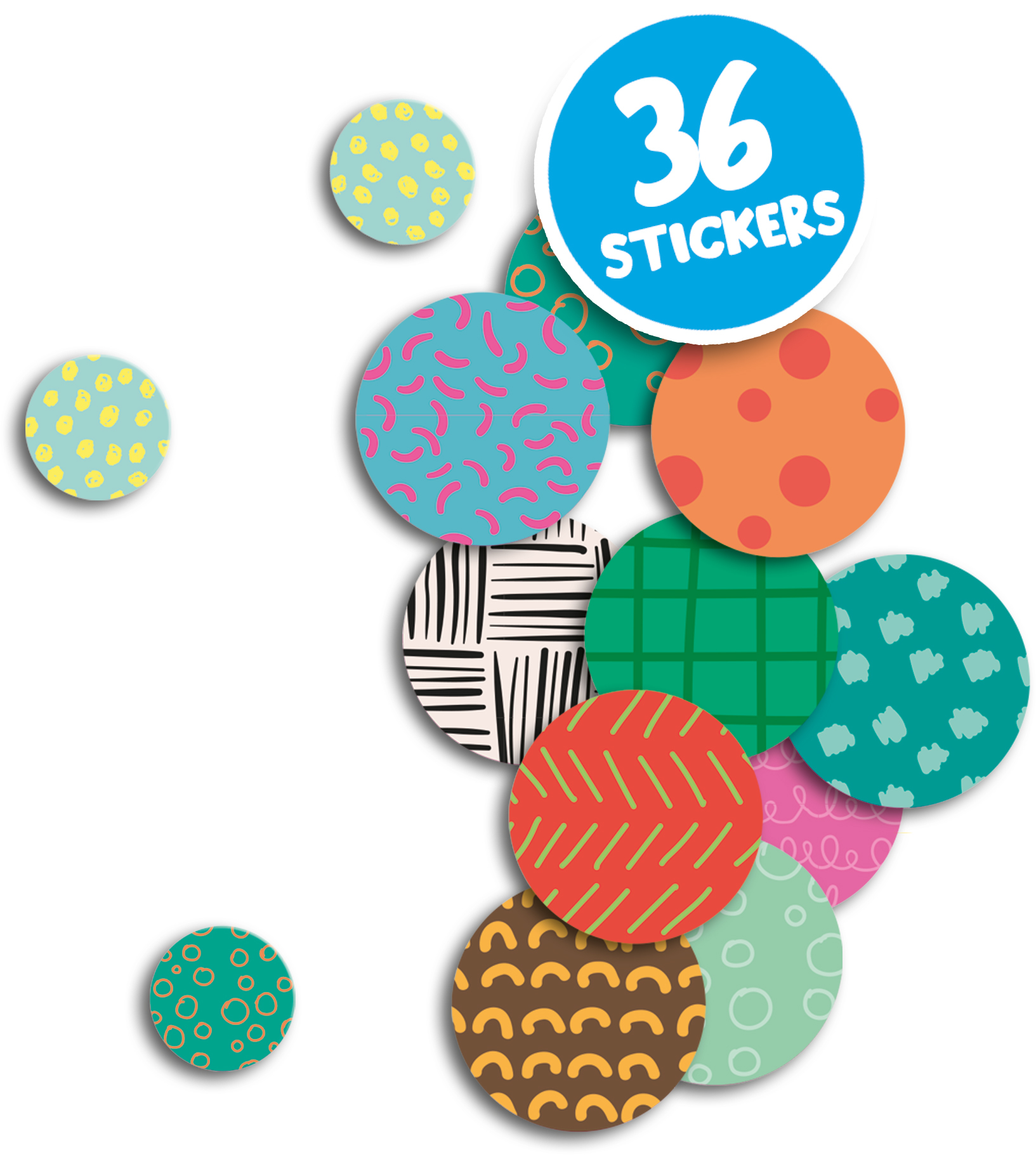 Kolorowe, okrągłe naklejki z różnymi wzorami, w tym kropkami, liniami i kształtami; niebieska naklejka z napisem '36 Stickers'.