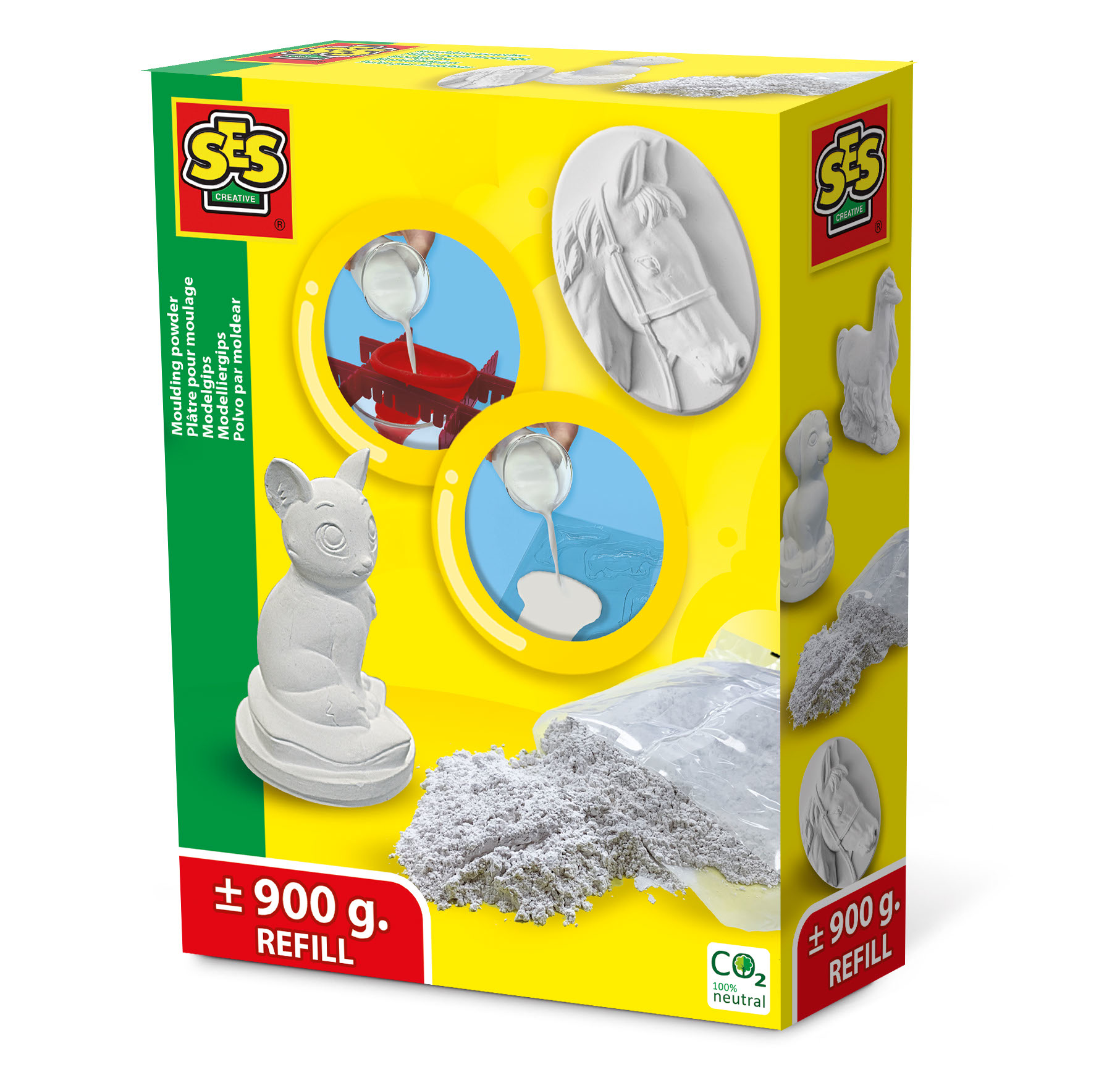 Pudełko z formami gipsowymi, w tym koniem, kotem i innymi kształtami zwierząt, z białym proszkiem gipsowym.