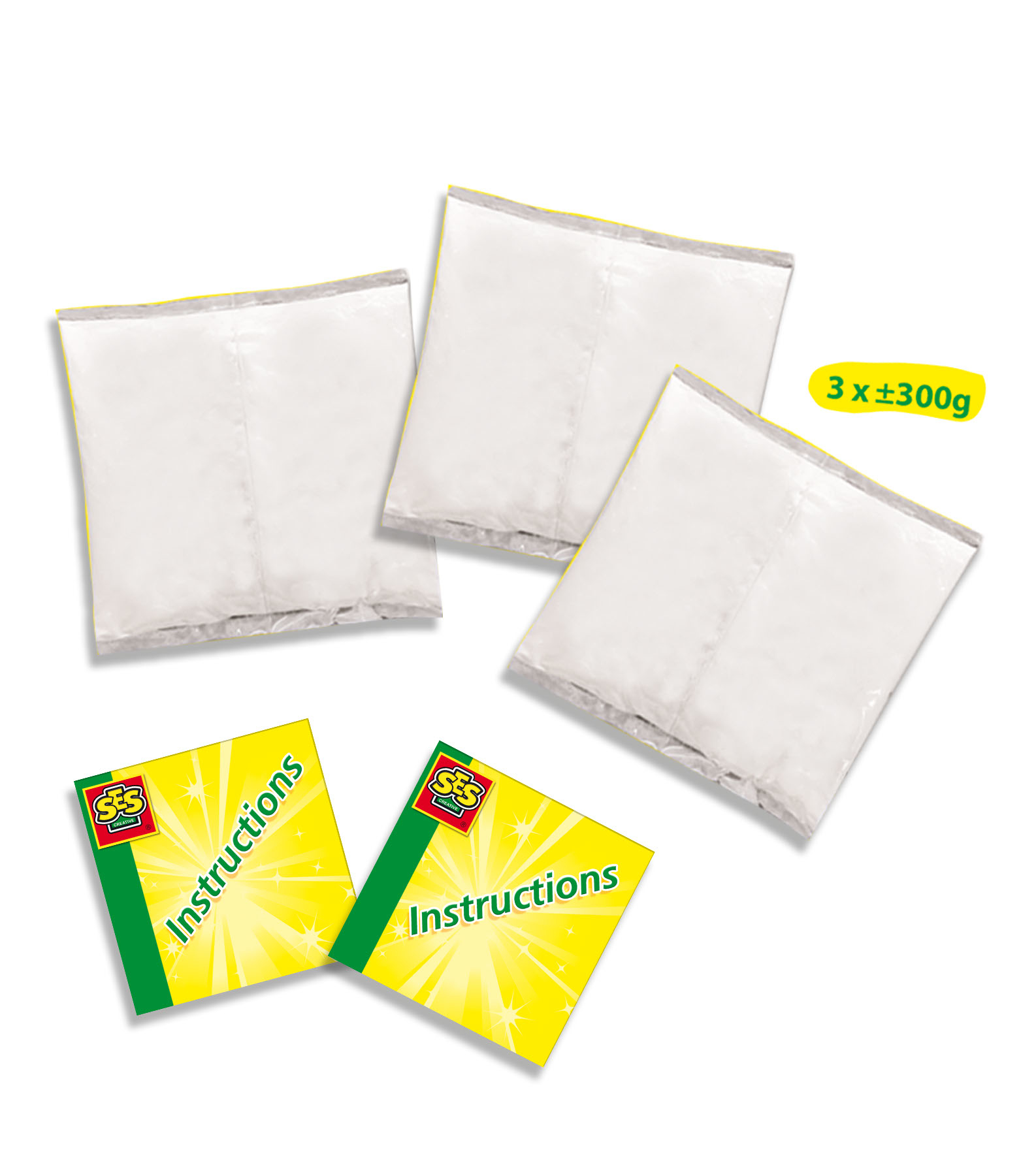 Trzy białe saszetki i dwie instrukcje obsługi z tekstem w kolorze żółtym i zielonym.