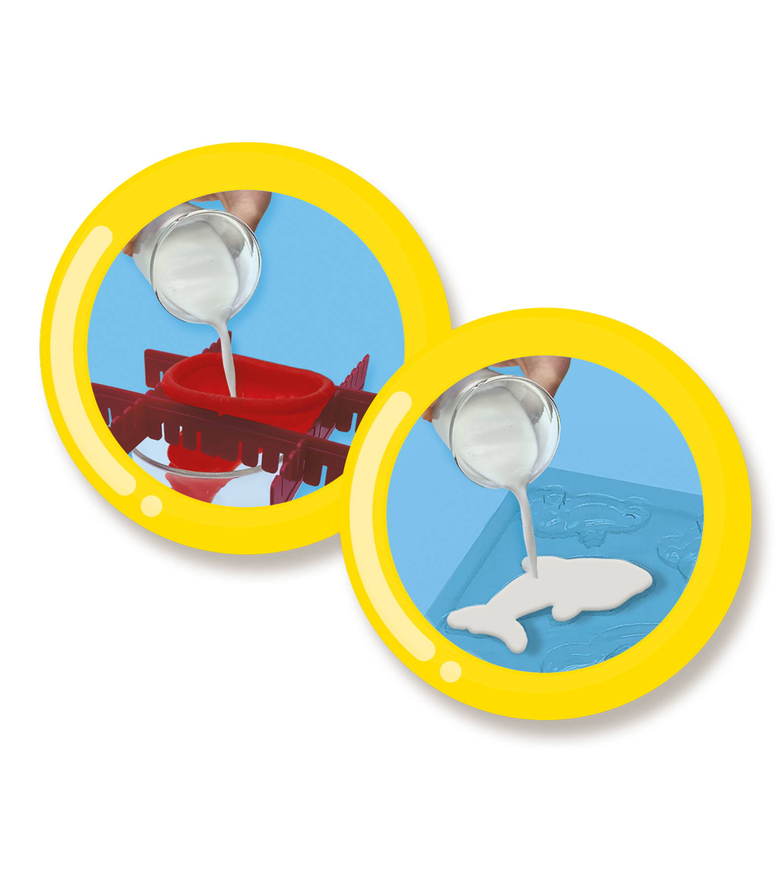 Dwa okrągłe obrazy pokazujące proces wlewania płynnego gipsu do formy, na białym tle.