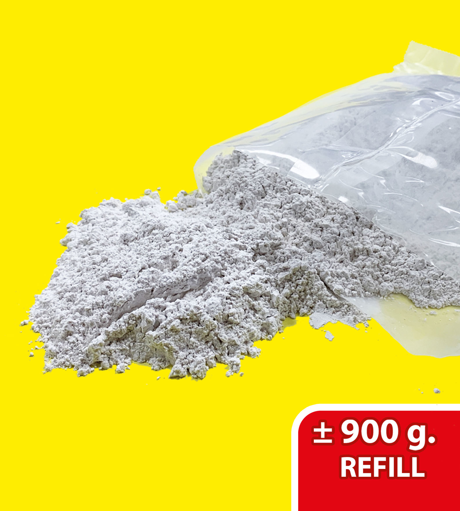 Worek z białym proszkiem oznaczony '+ 900 g. REFILL' na żółtym tle.